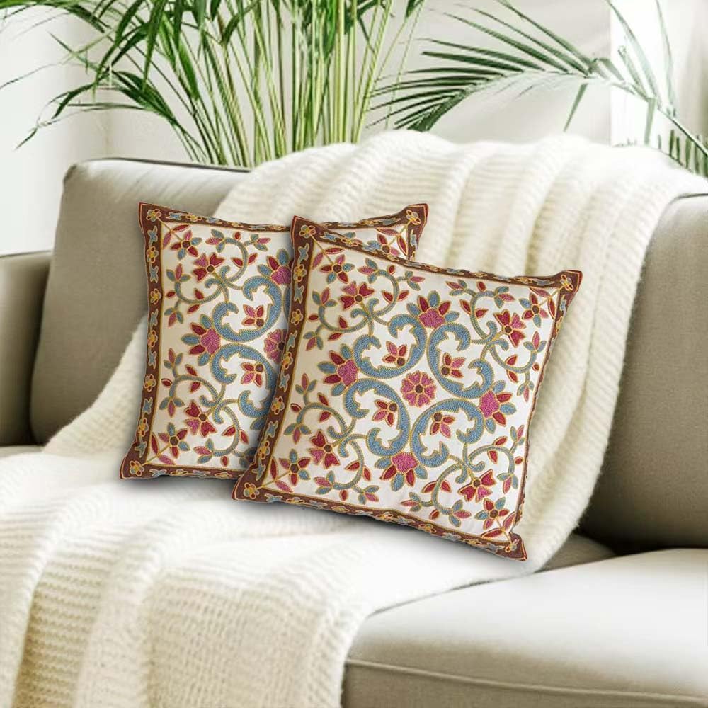 Embroidered Throw Pillow Covers, Pack of 2 Vintage Flowers Patterned Pillowcases for Couch Sofa Bedroom, Decorative Pillow Covers 18x18 inch(Vintage Flowers)