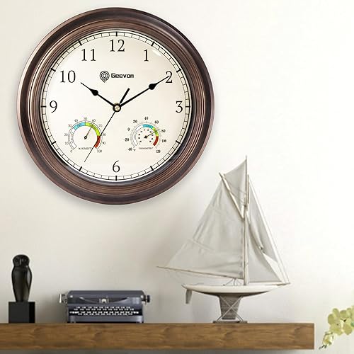 Miniatura 8 de Geevon Relojes de pared retro de 14 pulgadas, funciona con pilas, con higrómetro y termómetro, reloj de pared silencioso sin tictac decorativo de