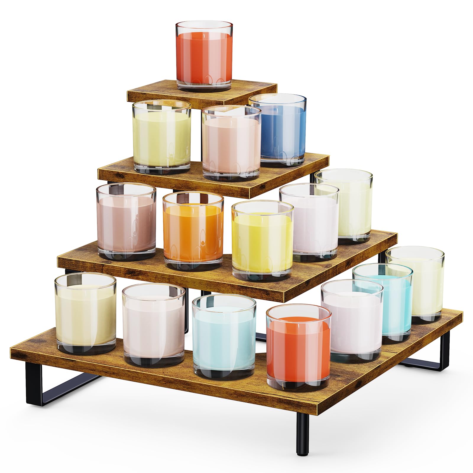 ELITEROO 4 Tier Riser Stand, Wooden Display Stands, Farmers Market Rack, Vendor Shelves for Craft Fair, Tumbler Candles, Perfume, Makeup, Right Angle Corner