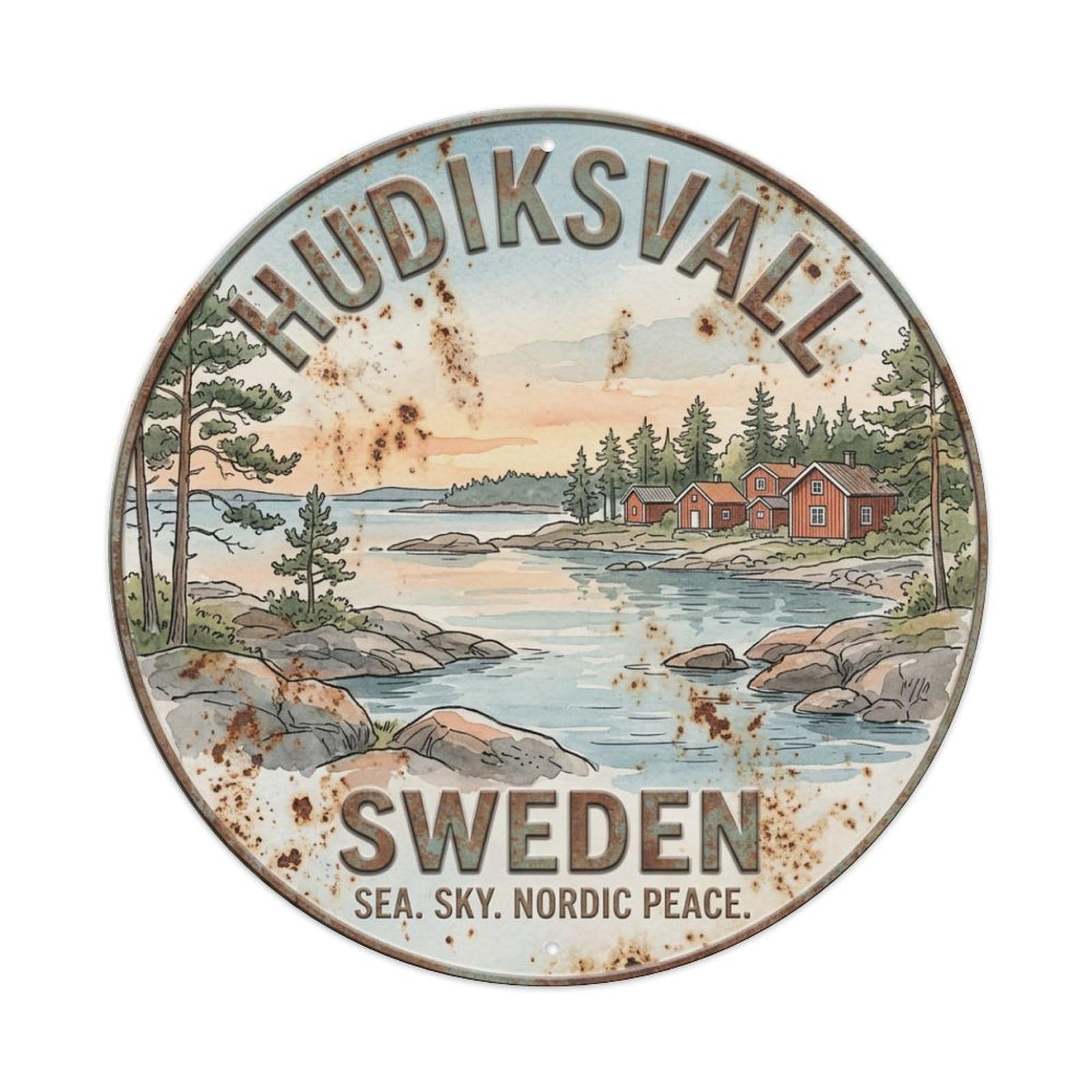 Vintage Travel Hudiksvall Sweden Coast Metal Tin Sign