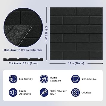 Vieshful 10 Pack Acoustic Panels Self-Adhesive, 30x30cm High Density Sound Absorbing Panels for Walls, 3D Brick Texture Soundproof Padding for Home Office, Gaming Room & Recording Studio, Black