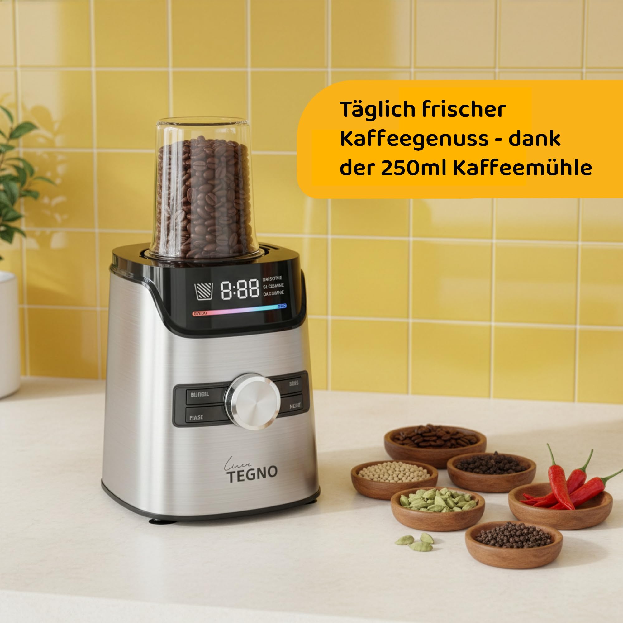 Power Blender - Linea Tegno – Profi Standmixer & Smoothie Maker – 1400W Hochleistungsmixer mit 1,7L Glasbehälter, LED-Display & 250ml Kaffeemühle – Edelstahl