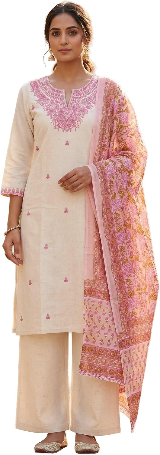 ladyline Womens Pure Cotton Embroidered Salwar Kameez Suit | Ethnic Kurta Pants & Dupatta Set | Indian Pakistani Dress