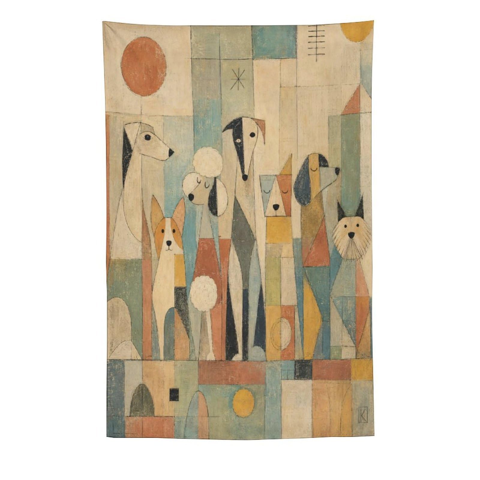 H3B8U2Y5 Dog Group Geometry Wall Tapestry, Geometric Art, Modernist Animals