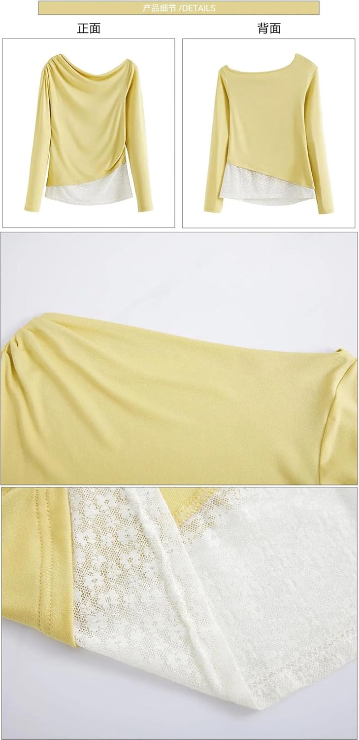 Lace False Two-Piece T-Shirt Chic Women Yellow Top Lady Leak One Shoulder Long Sleeve Splicing Tops Clothes