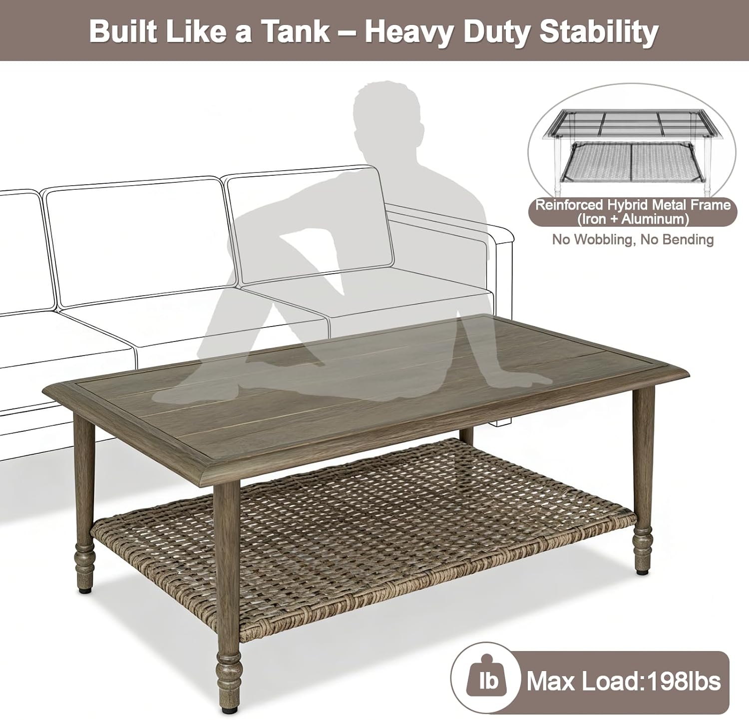 Outdoor Coffee Table, Heavy Duty Wicker Coffee Table, 2-Tier Patio Table with Storage, Patio Coffee Table for Garden Deck Balcony Poolside
