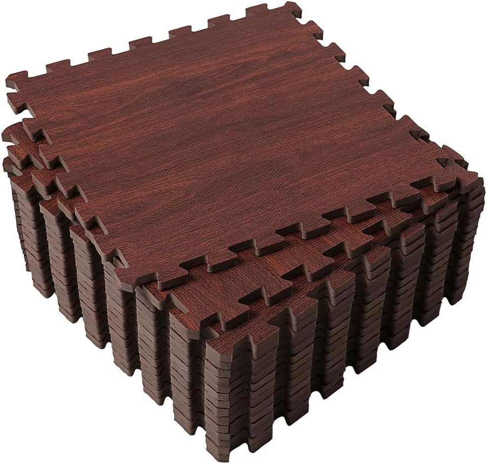 SUPERJARE 16 Tiles Eva Foam Interlocking Tiles Protective Flooring Mat with Borders Dark Wood Grain