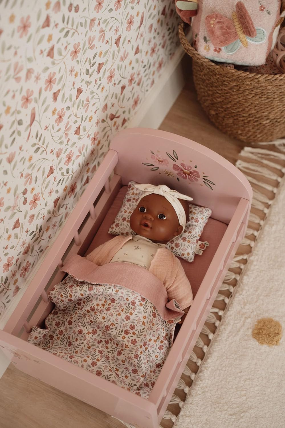 Little Dutch Cama para muñecas Cama para muñecas bebé Muñecas Madera rosa con flor - rosa