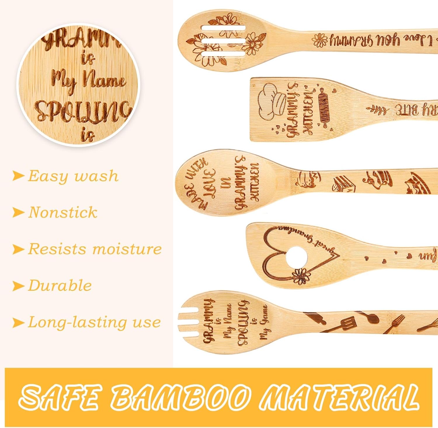 Zubebe 7 Pieces Grammy Gifts Set Including 2 Pieces Grammy Kitchen Towels Grammy Dish Towels and 5 Pieces Bamboo Utensils for Mother's Day Grammy Birthday Grandparent's Day