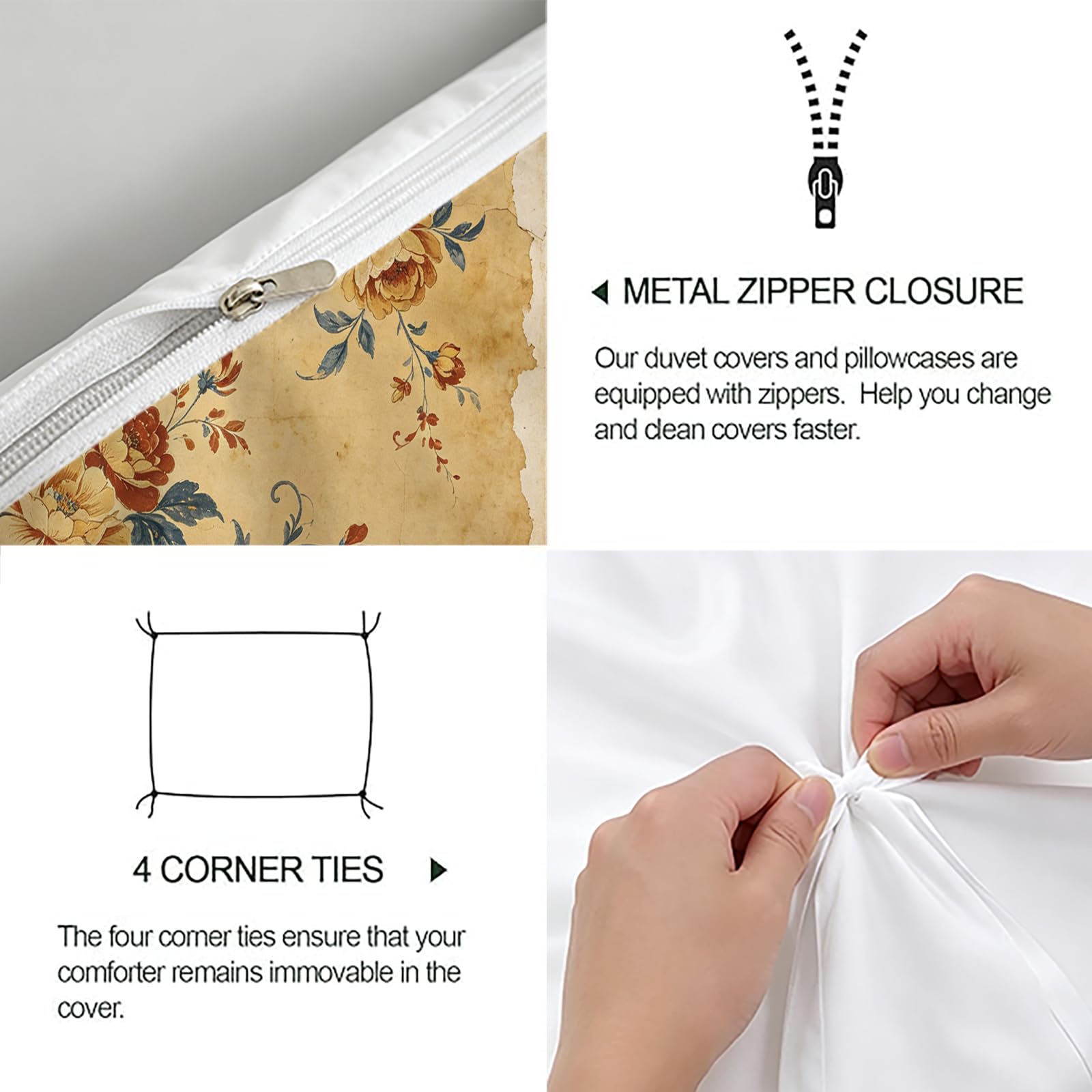 Set Copripiumino Singolo 155x200 cm Fiori Intrecciati Pastorale Retrò Set di Biancheria da Letto in Morbido Traspirante Microfibra 3D con Copripiumino e 2 Federe 50x80 cm Beige G-1795