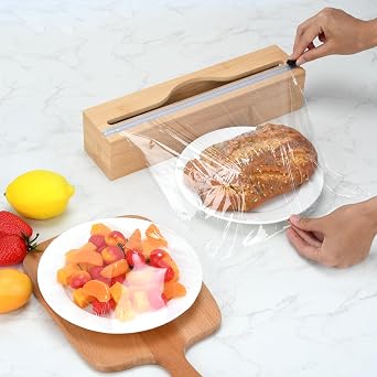Plastic Wrap Dispenser with Cutter,Cling Wrap with Slide Cutter for Kitchen Storage Organization Holder for 12 Roll