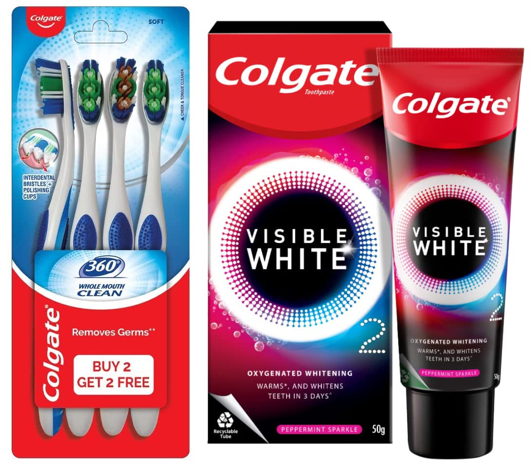 Colgate Visible White O2, Teeth Whitening Toothpaste, Peppermint Sparkle, 50g & Colgate 360 Whole Mouth Clean Toothbrush - 4 Pcs (Buy 2 Get 2 Free)