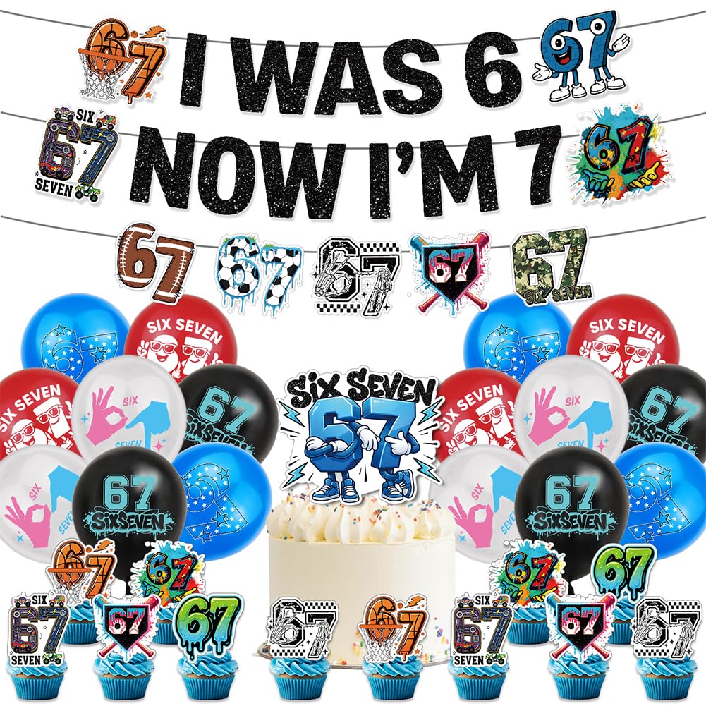 32PCS 67 Birthday Decorations, 67 Meme Themed Party Decorations Supplies,Funny 6 7 Birthday Decorations, Includes Banner, Balloons, Cake & Cupcake Toppers