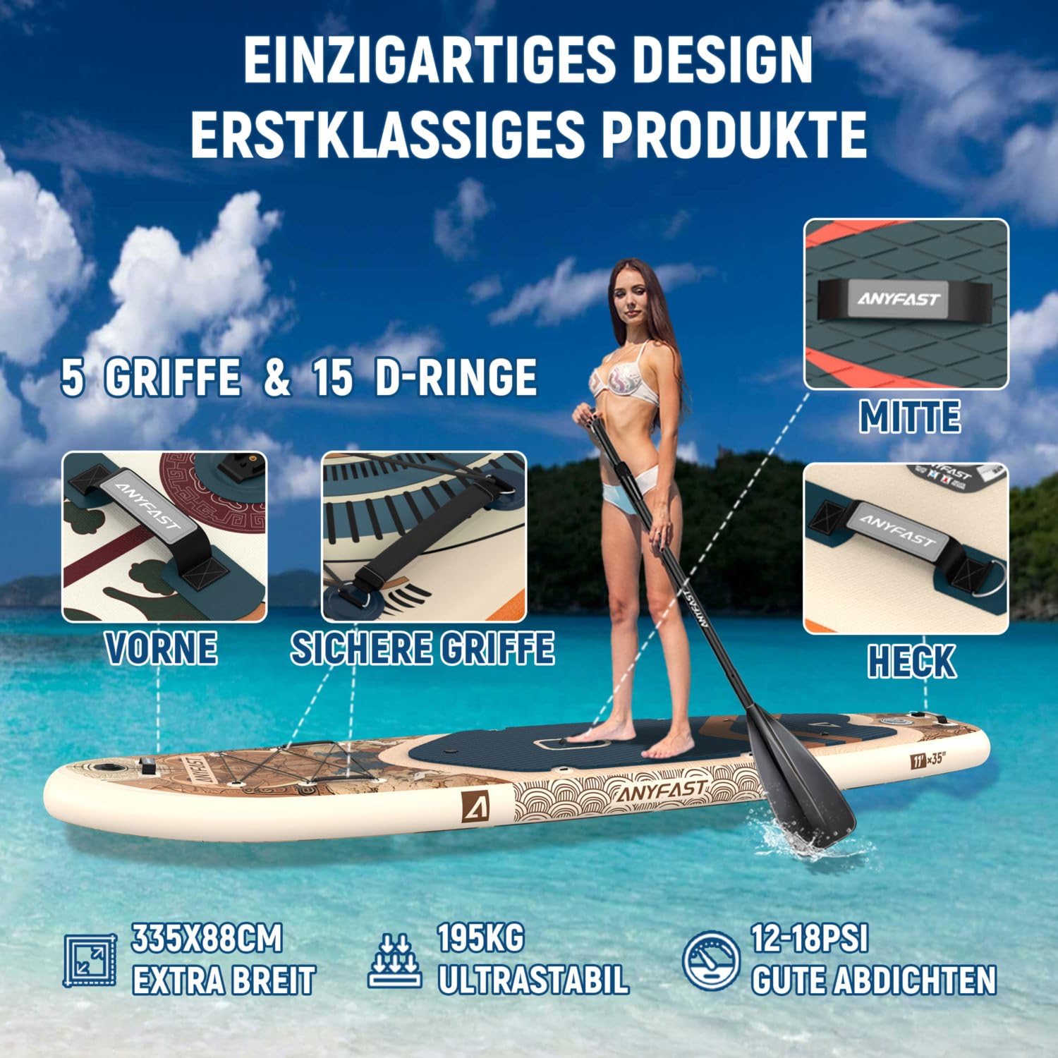 Planche à pagaie de pêche gonflable large – 204,1 kg, extra large, ultra stable, antidérapante, pompe, support pour appareil photo, laisse, sac à dos, poignée pour enfant, accessoires, surf