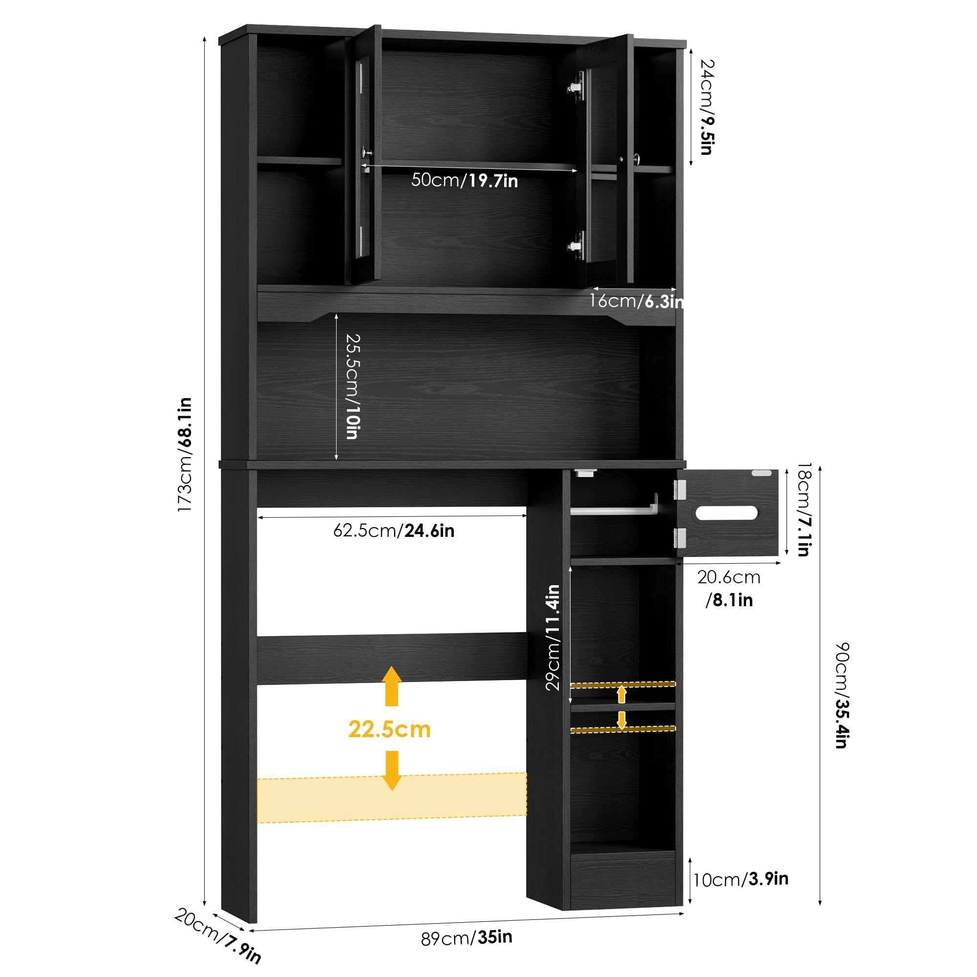 FOREHILL 173cm Mueble sobre Inodoro, Armario Baño, Gran Capacidad, Negro | Mueble Alto para Lavadora, Estanteria Baño, con Estante Ajustable, 2 Puertas, Soporte para Papel Higiénico, 89x20x173cm