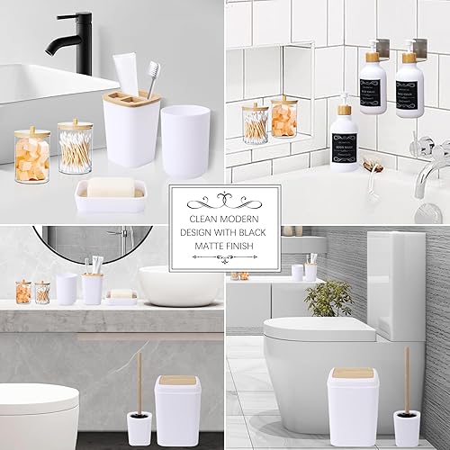 Miniatura 6 de XLHOMO Juego de accesorios de baño blanco y madera  Juego de 19 piezas de baño con basura, 3 piezas sin taladros, dispensador de jabón de 17 onzas