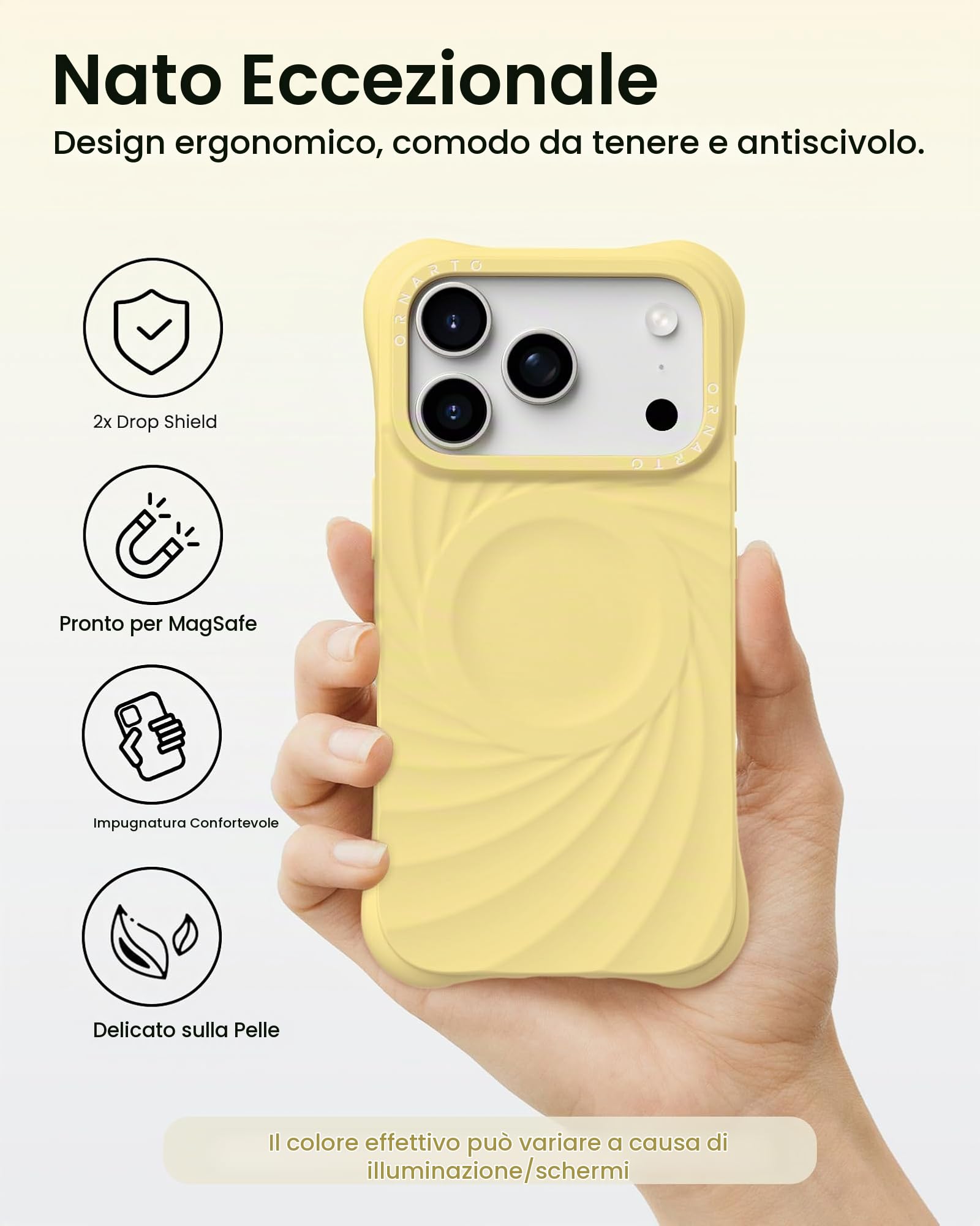 ORNARTO VORTUXE Cover per iPhone 17 Pro, [2X Protezione Grado Militare/Texture Ondulata/Compatibile con MagSafe] Morbido Silicone Liquido Custodia 6,3 pollici, Giallo