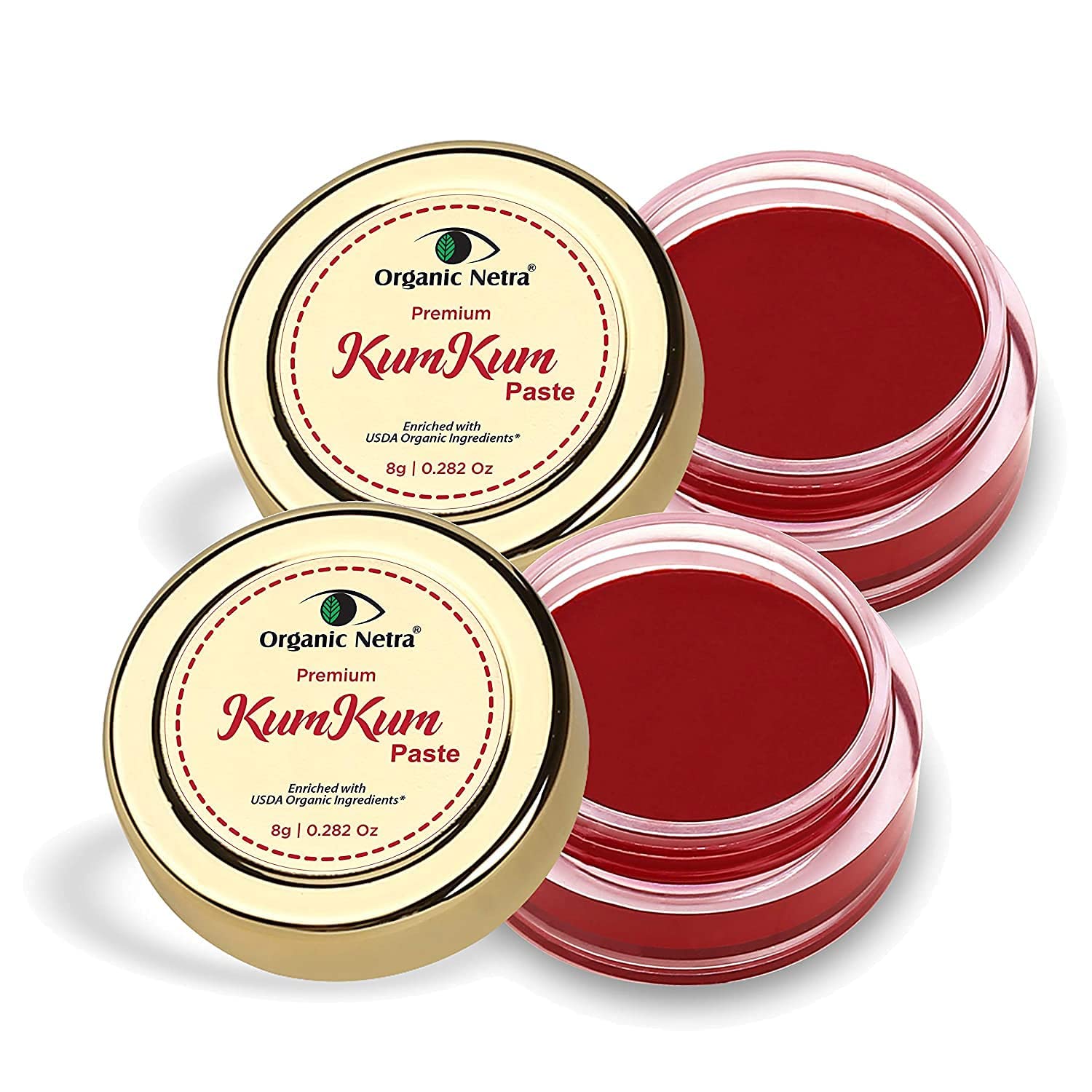 Organic Netra Sindoor/KumKum Paste - 100% Chemical Free, All Natural, No Lead, No Mercury, No Parabens, Water Resistant - 8 gm Each (Pack Of 2 - Red)