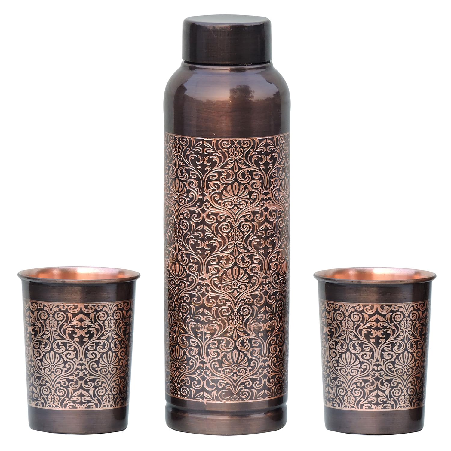 ANCIENTIMPEX Bouteille d'eau Milton en cuivre pur avec 2 gobelets – Motif floral | Avantages ayurvédiques et hydratation quotidienne