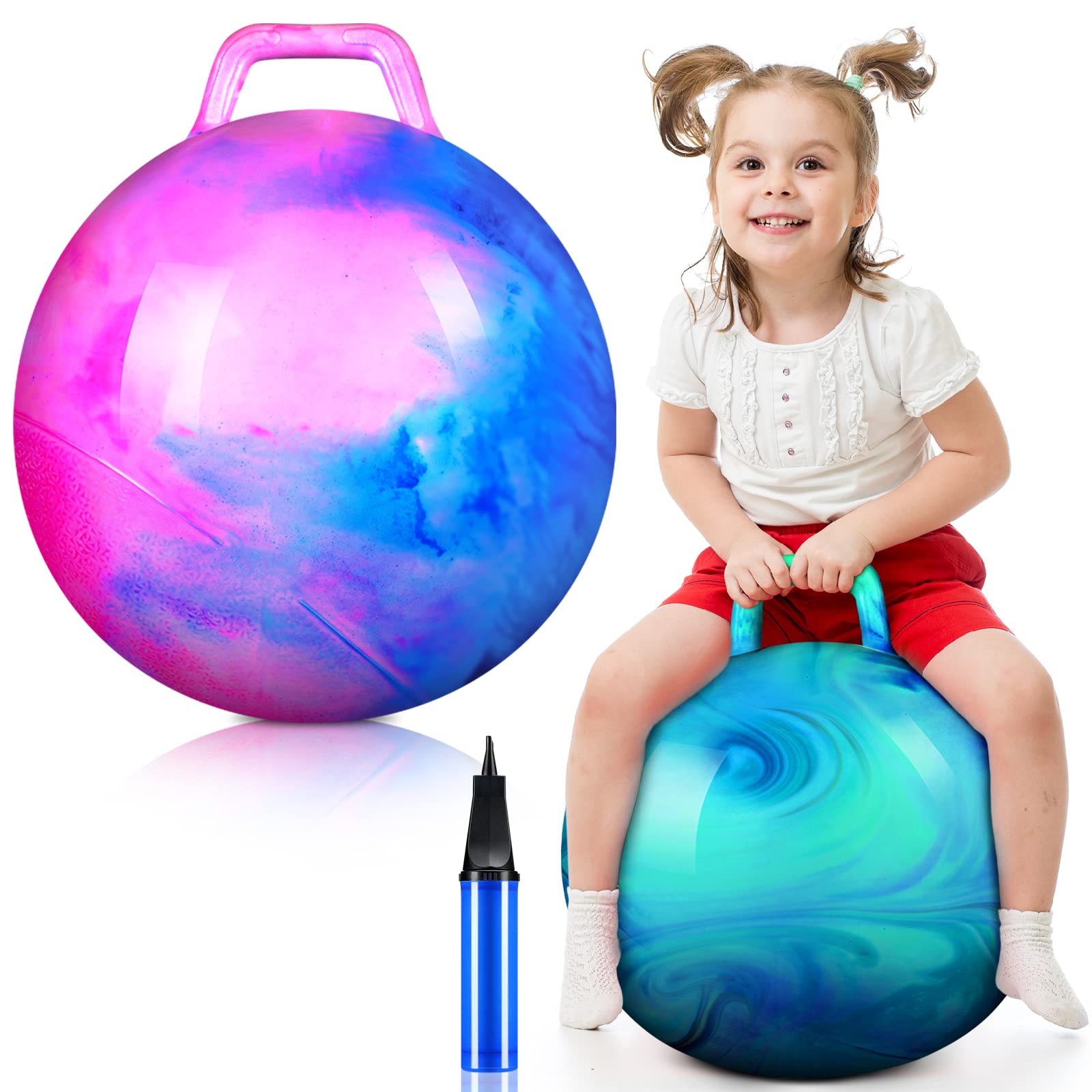 Lewtemi 2 Pcs Bounce Balls with Handles Space Hopper Ball Sit and Bouncy Ball with Air Pump for Indoor Outdoor Gifts for Kids(25.5 Inch)