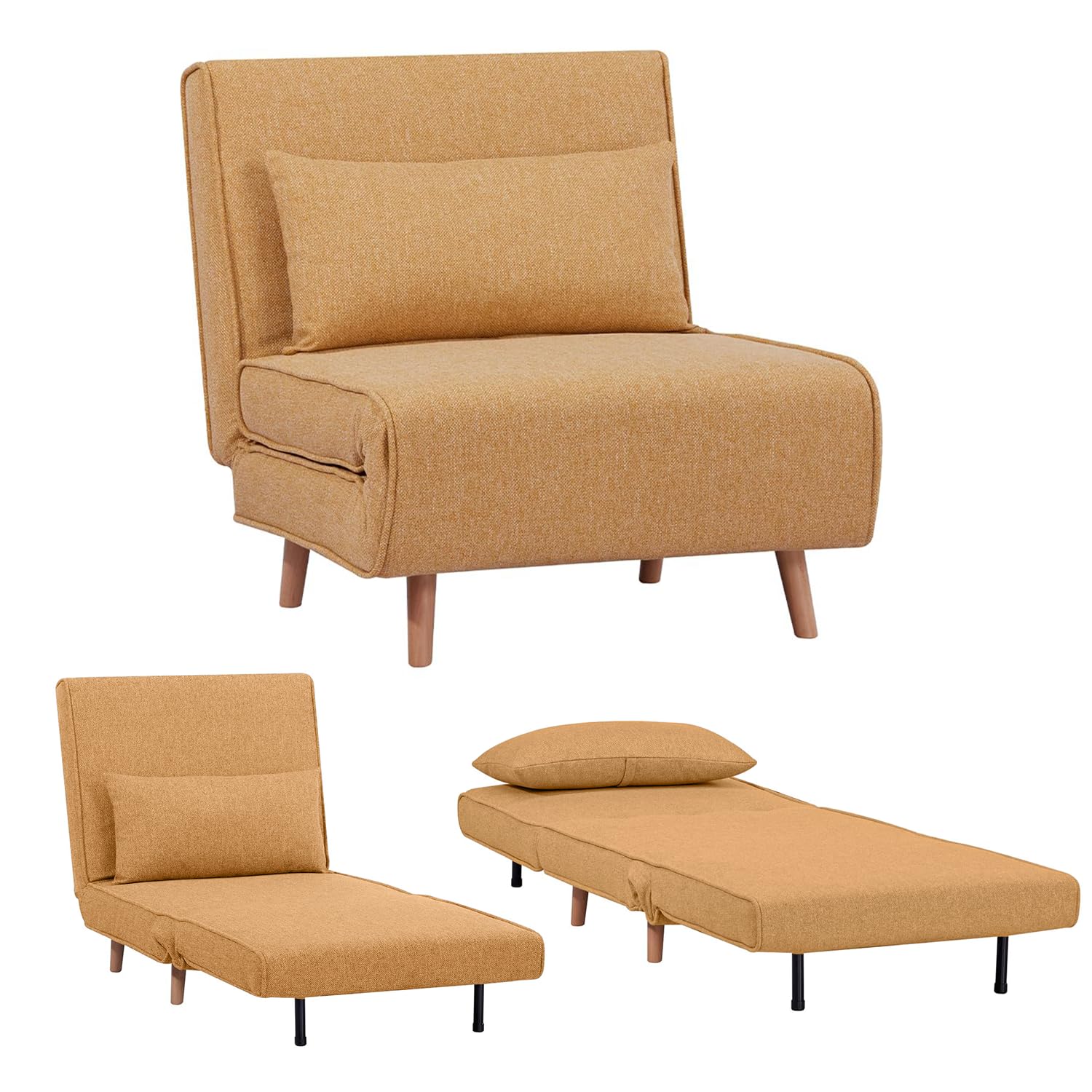 EVERGREENWEB Poltrona Letto Singolo con Cuscino Imbottito INCLUSO, Tessuto Giallo, Divano 1 Posto Salvaspazio Pieghevole, Pouf Poggiapiedi, Comodo Schienale Regolabile Clic Clac, Gambe in Legno, FOLDY