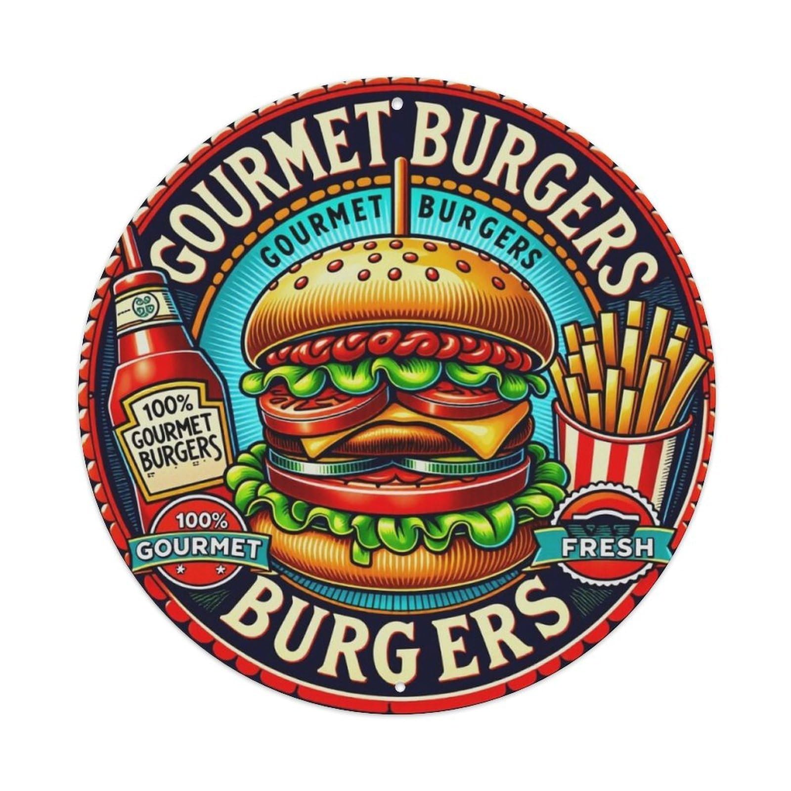 Vintage American Gourmet Burger Fries Round Tin Sign Vintage Aluminium Metal Sign, Retro Wall Decor for Home, Bar, Garage & Farmhouse 20x20cm