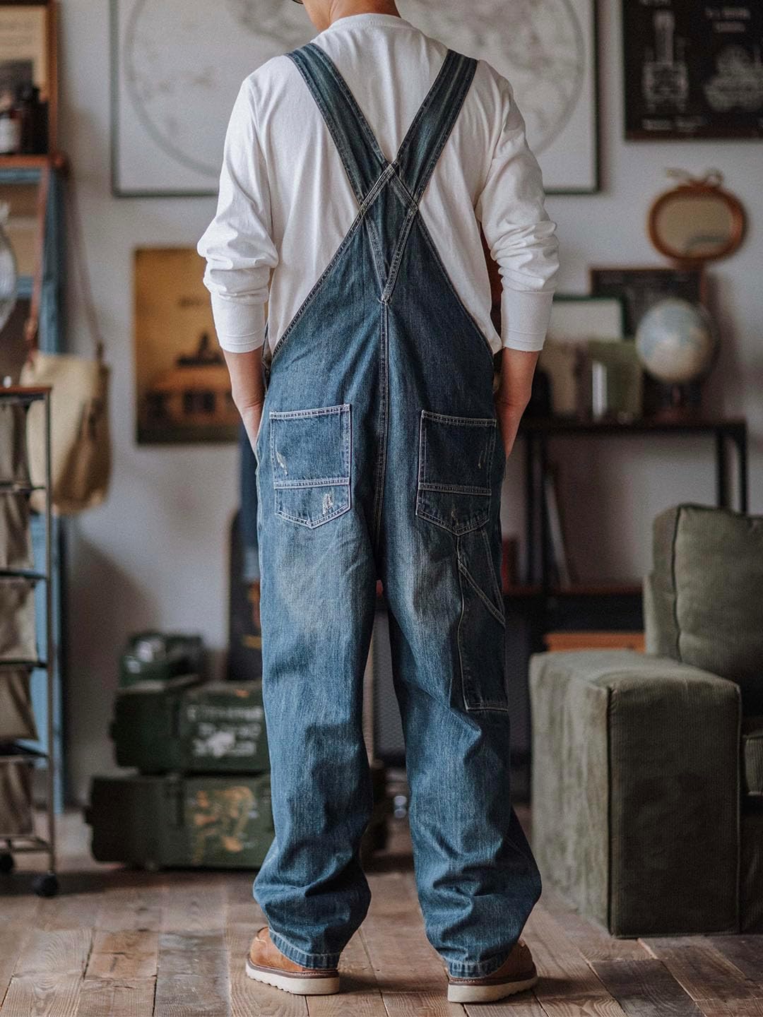 MADEPANTS Men's Distressed Denim Bib Overalls with Hammer Loops