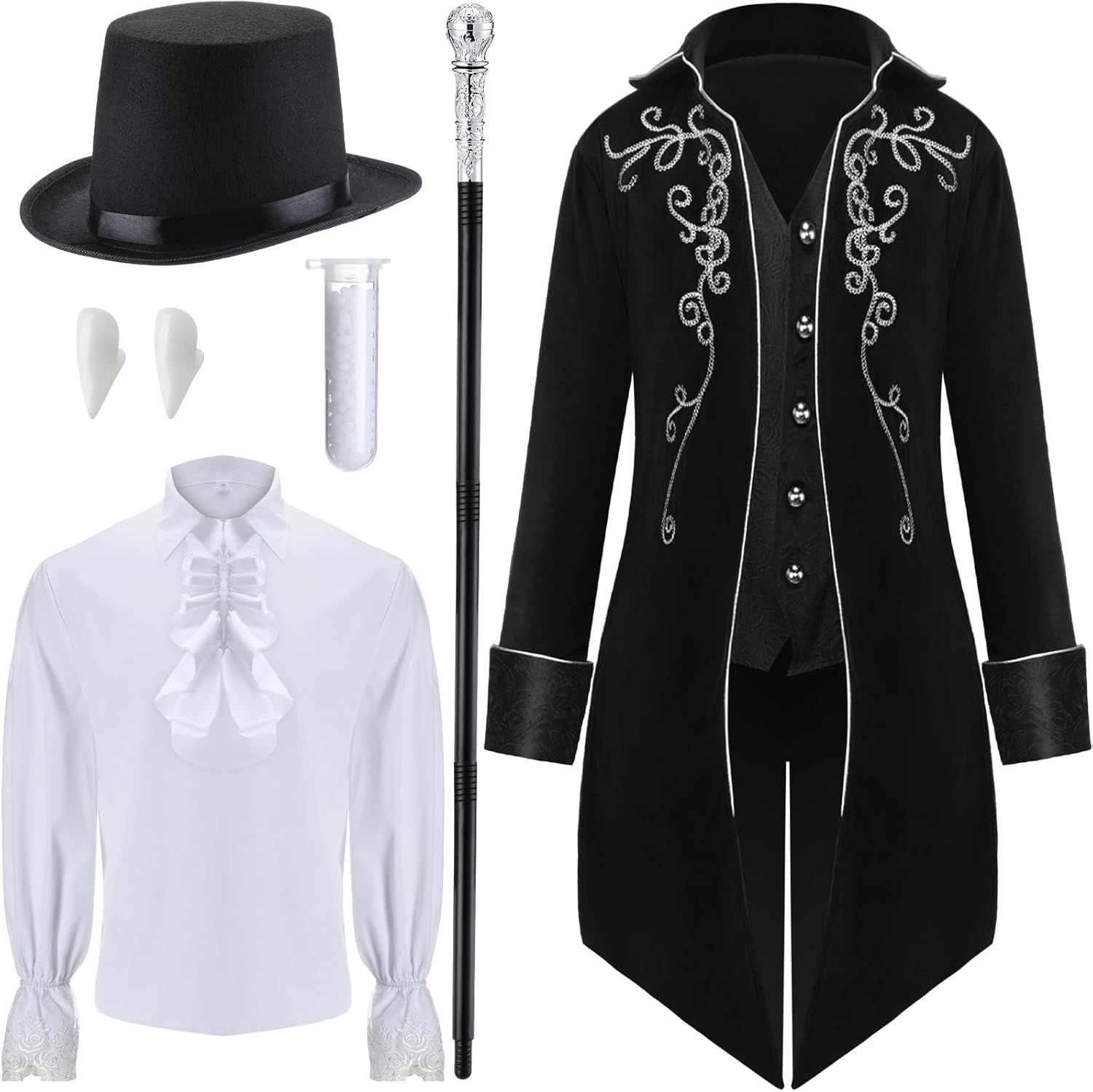 Halloween Men Vampire Costume Adult Male Victorian Tailcoat Jacket, Pirate Shirt, Top Hat, Staff, Fang, Bead