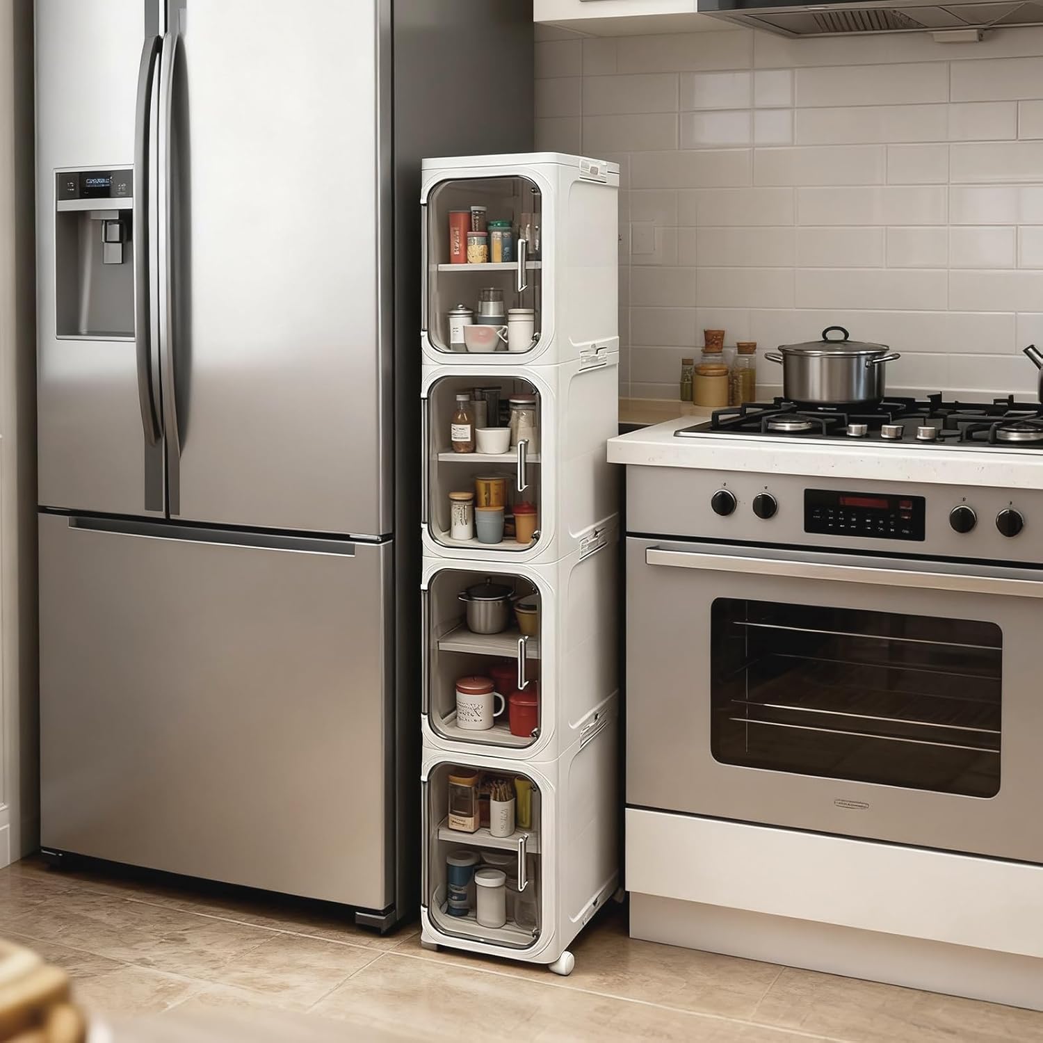 4-Tier Tall Narrow Storage Cabinet with Adjustable Shelves and Lockable Wheels — Ideal for Small Spaces in Bathroom, Kitchen, or Laundry Room