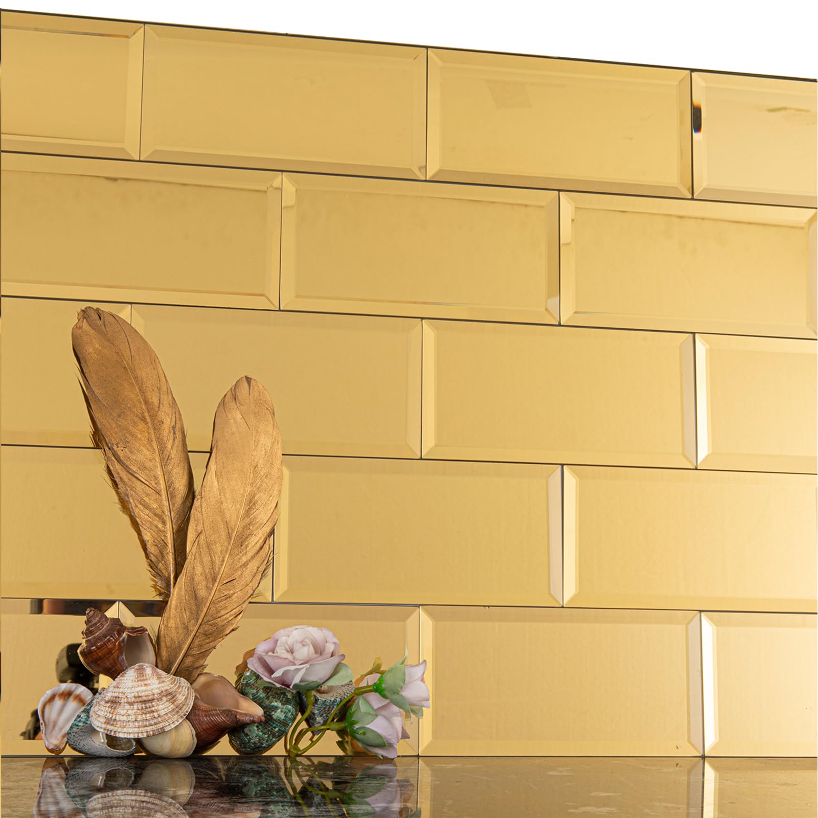 Lovdeco Peel and Stick 3x6 Inch Beveled Gold Mirror Tile Subway Mirror Glass Backsplash for Kitchen Bathroom Wall (40 Pcs, 5 SQ.FT.)