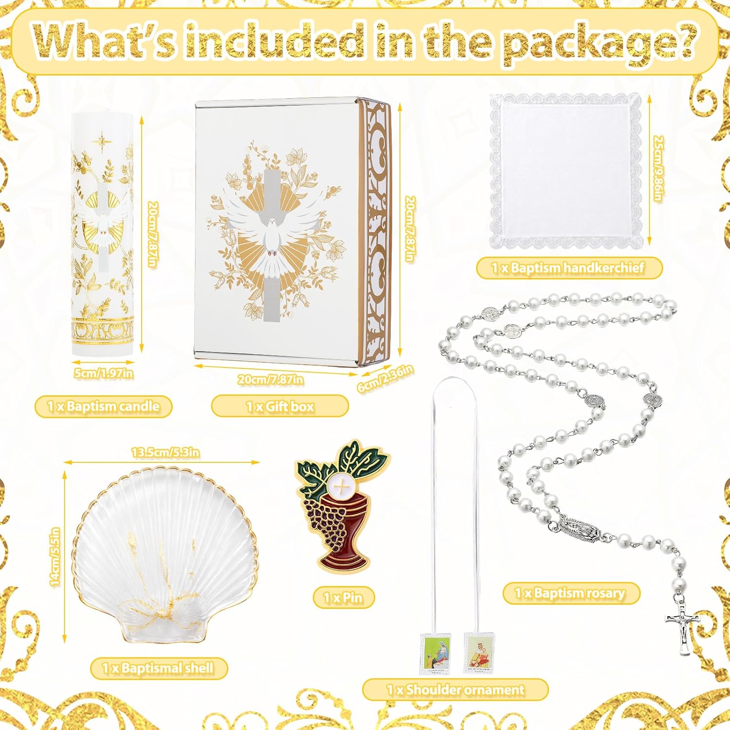 Liliful 7 Pcs Dove with Cross Baptism Candle Set, Catholic Baptism Holy Spirit Gift Candle Towel Shell Rosary Set, Velas para Bautizo Gift for First Communion Baptismal Party Favors