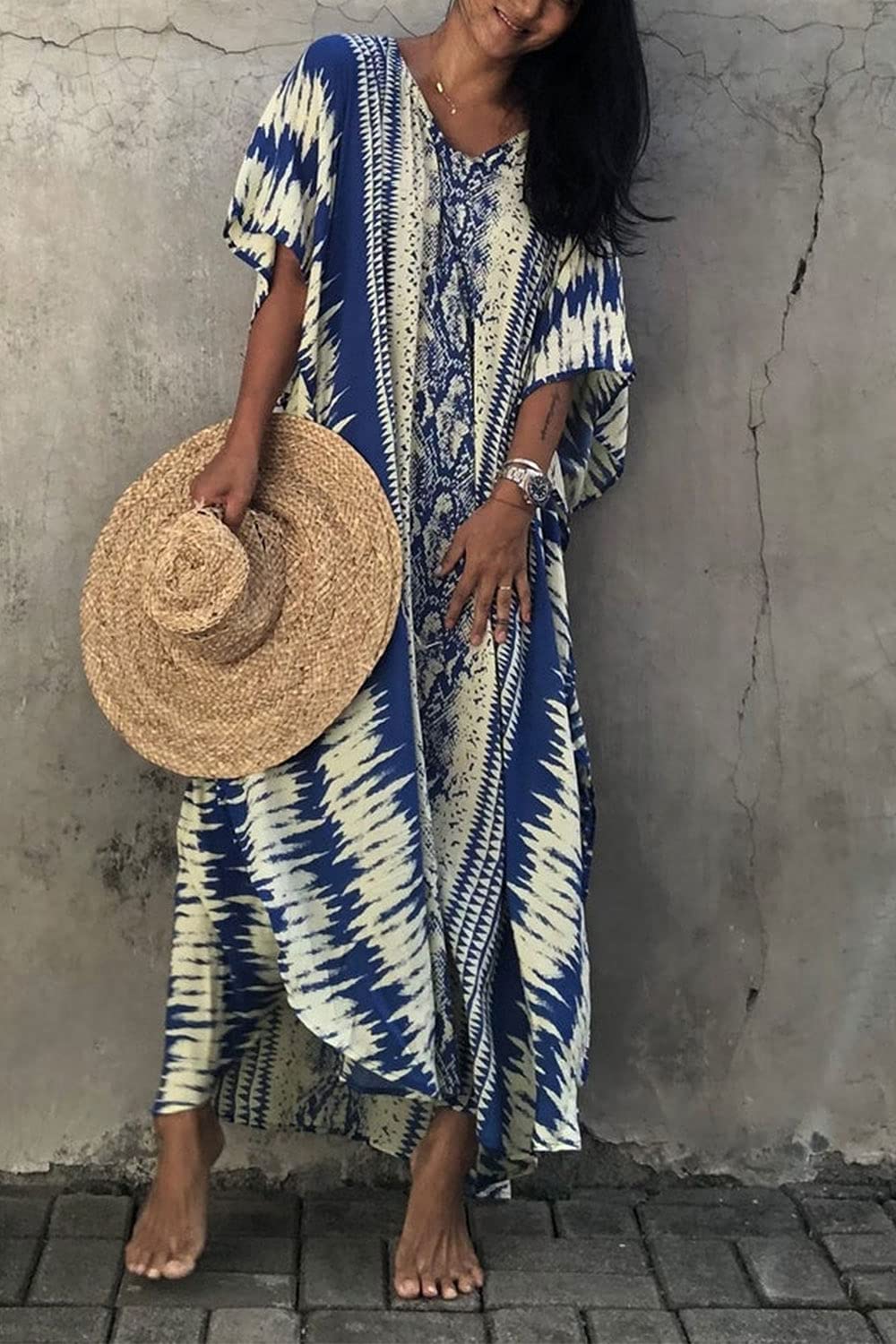 Jecarden Długa sukienka kaftanowa kaftan maxi sukienka damska na co dzień boho letnia sukienka maxi kaftan nocna odzież plażowa okrycie szlafroki dla kobiet pań