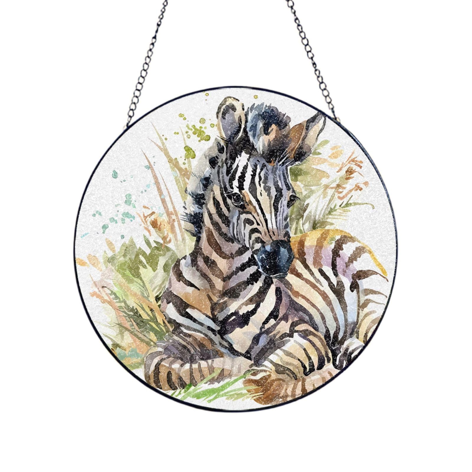 Phayah Cute Zebra Watercolor Print Glass Window Hanging Round Suncatcher Glass Ornament Garden Wall Fence Decorations Indoor Outdoor 12in（30cm）