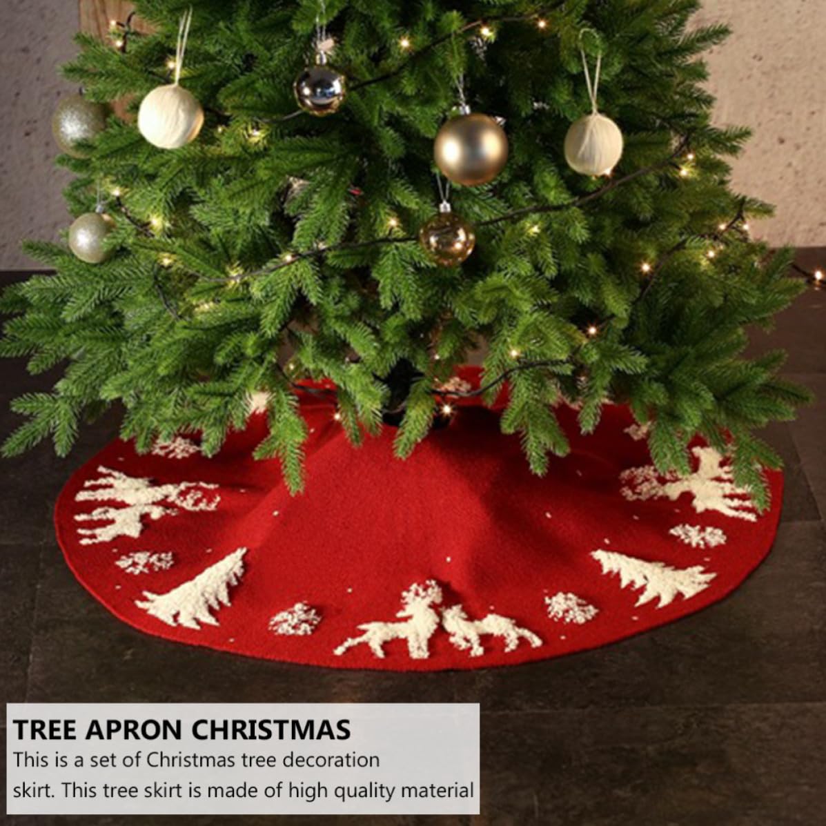 SHINEOFI Jupe de Sapin de Noël Décoration Festive Tricotée en Fibres Acryliques Rouge Motif 3D Cerf Tapis sous Sapin Élégant et Créatif pour Hôtels et Caves