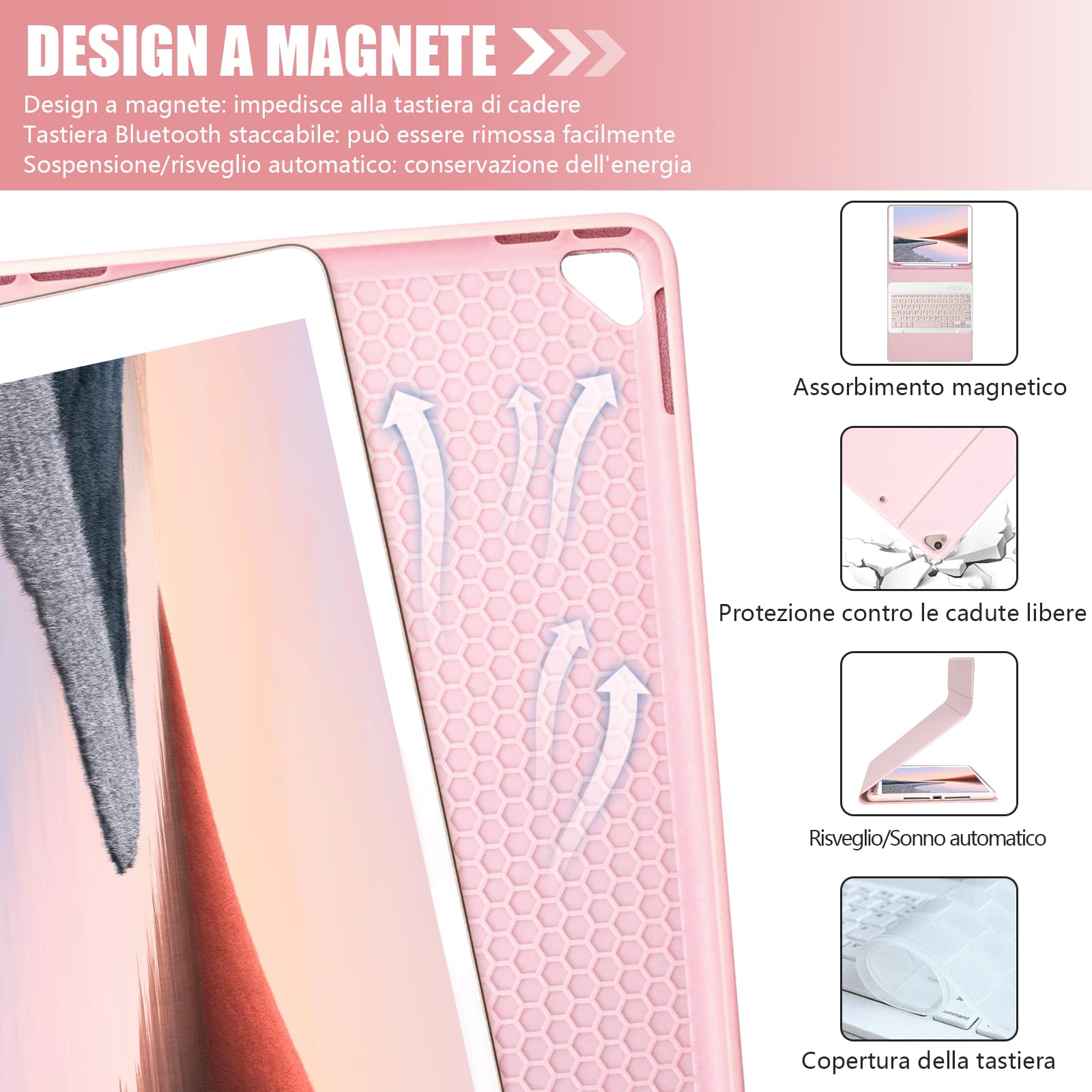 HOTLIFE Custodia Tastiera per iPad 10.2 7a Generazione 2019/8a Gen 2020/9a Gen 2021/iPad Pro 10.5/iPad Air 3, Magnetica Cover con Staccabile Bluetooth Wireless Layout Italiana Tastiera(Rosa)