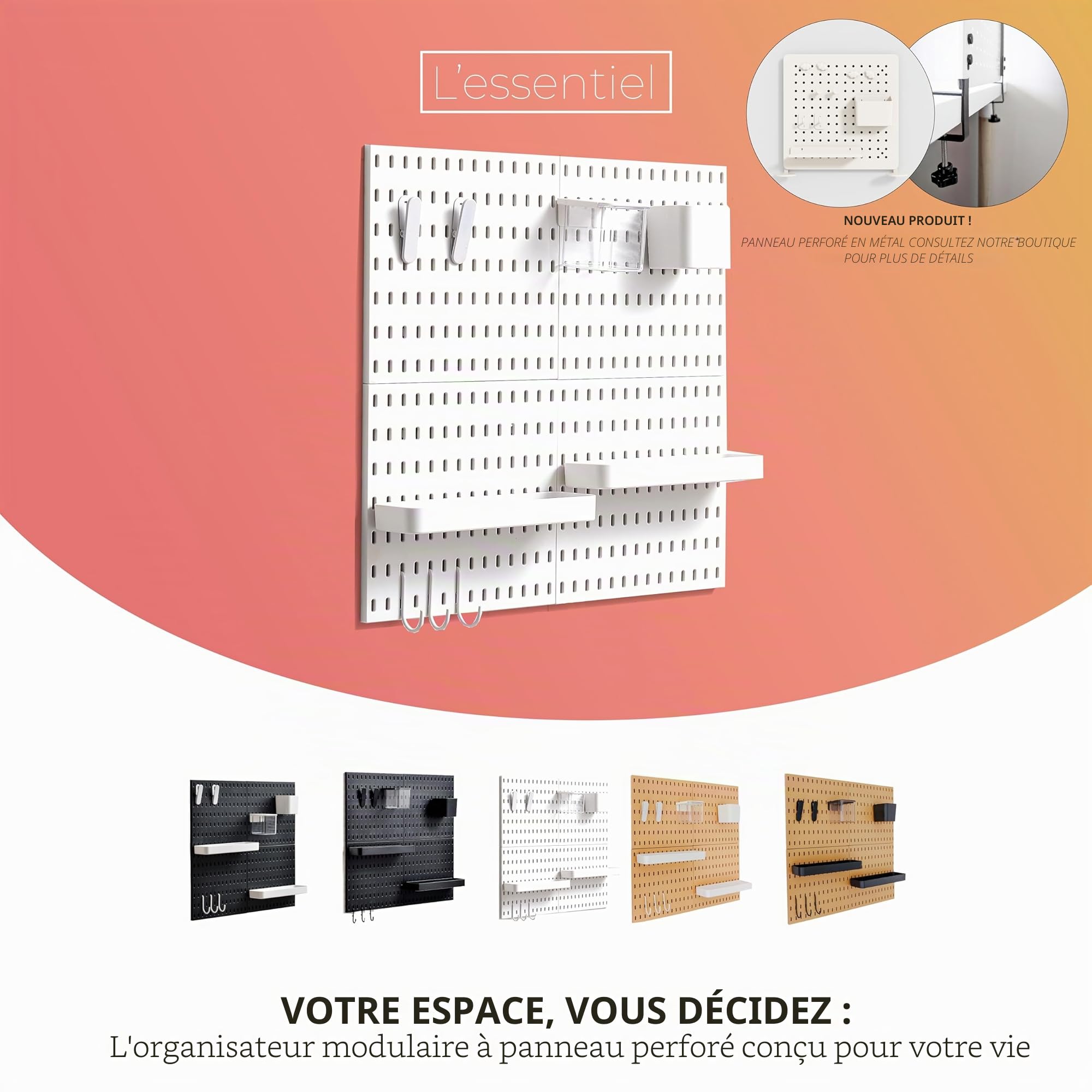 L'essentiel Set Complet 4 Panneaux perforés Noirs 28x28cm - Système Rangement Mural modulable