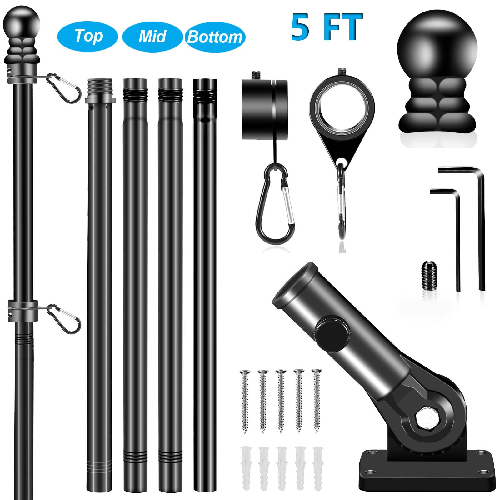 BONWIN Black Flag Pole Kit for House, 5 FT Thickened Stainless Steel Outside Porch Wall Flagpole for 3x5' Flag, 1