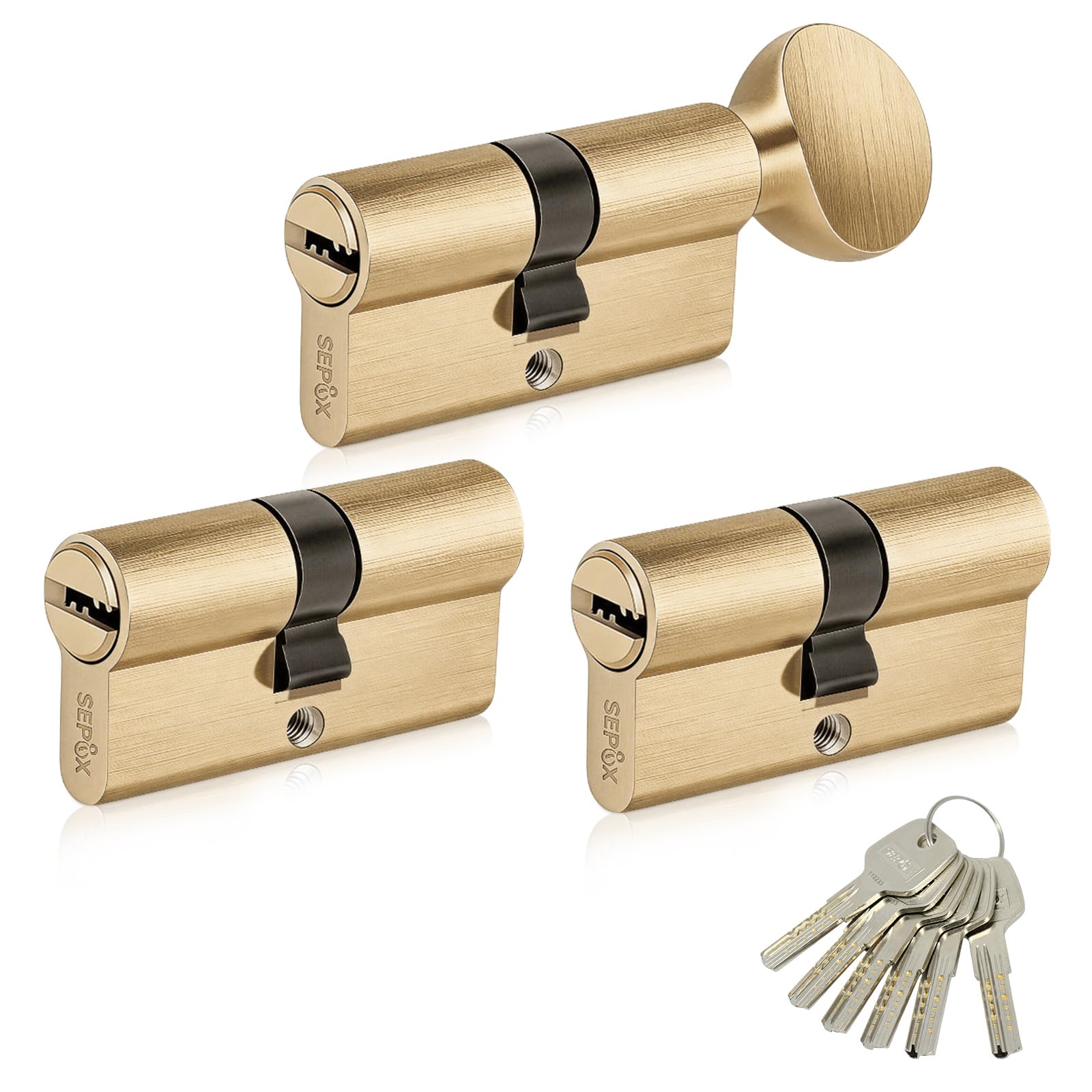 SEPOX Cilindro europeo per porta, con 2 cilindri europei e 1 giro a pollice, placcato in ottone, 60 mm, con stesse chiavi, ad alta sicurezza, chiave al computer