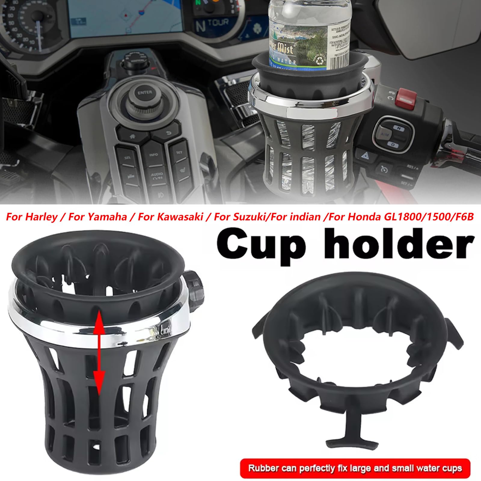 RUNNING PANTHER Upgraded Motorcycle Handlebar Drink Cup Holder Mount for Harley Davidson Passenger Water Bottle Holder with Mesh Basket Universal for Honda GL1800 DCT (Chrome, 142MM)
