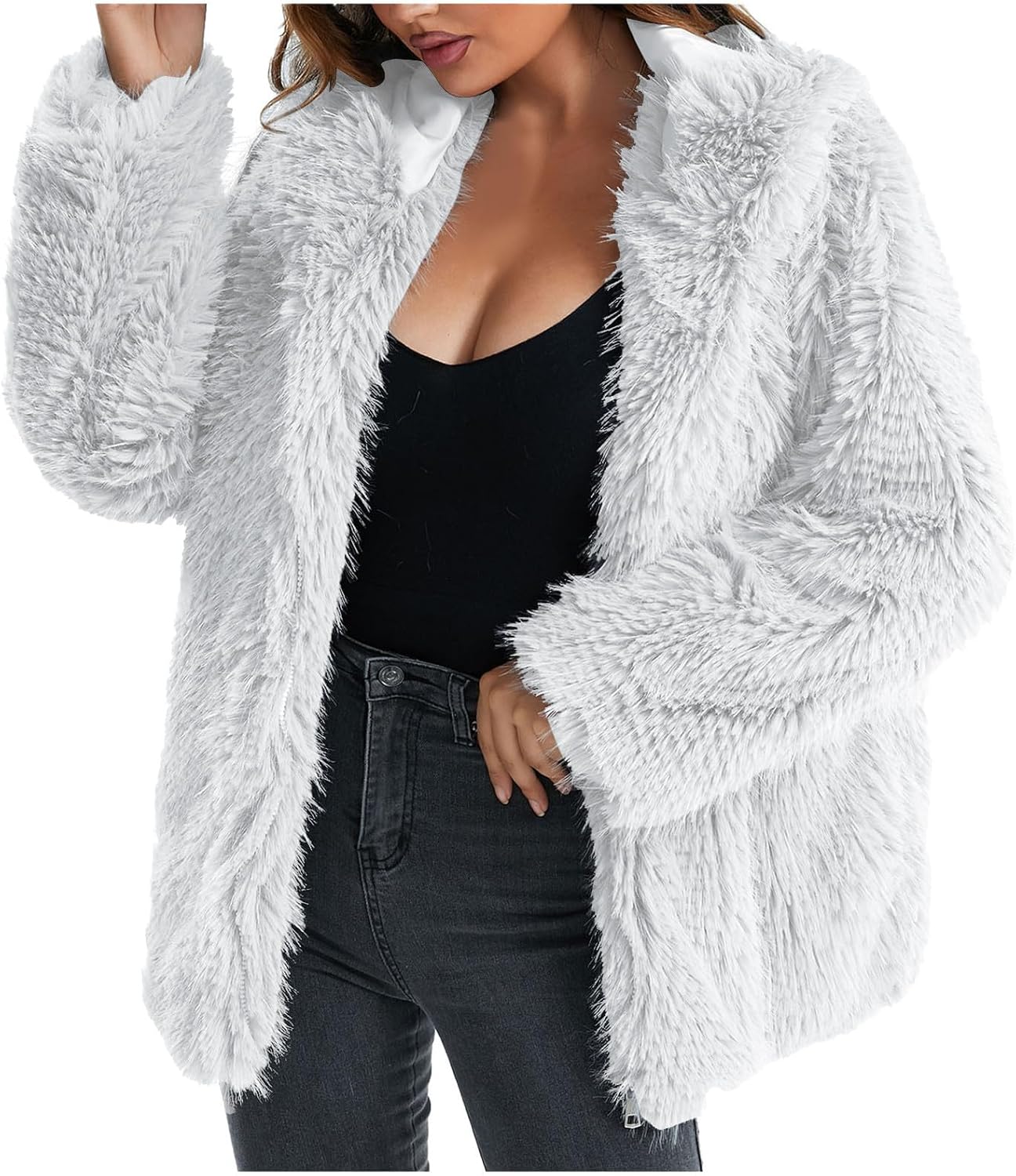 Firzero Fall Jackets for Women 2024 Fuzzy Sherpa Cardigan Open Front Fleece Jacket Fluffy Soft Sweater Long Sleeve Coat