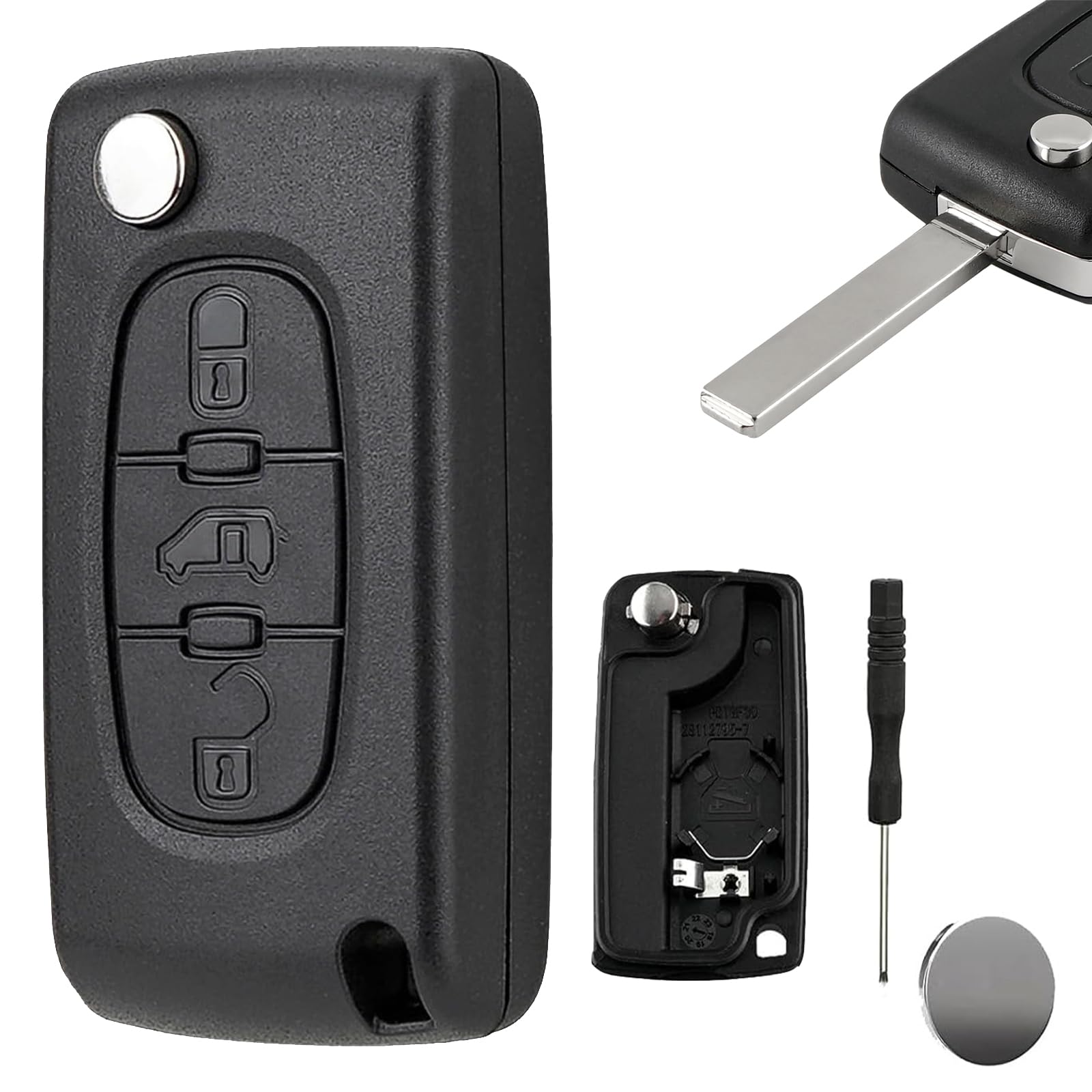 3 Button Flip Key Fob Case Shell for Citroen Berlingo Dispatch Toyota Proace Peugeot Expert Partner Van | CE0536 VA2 Blade CR1620 Battery