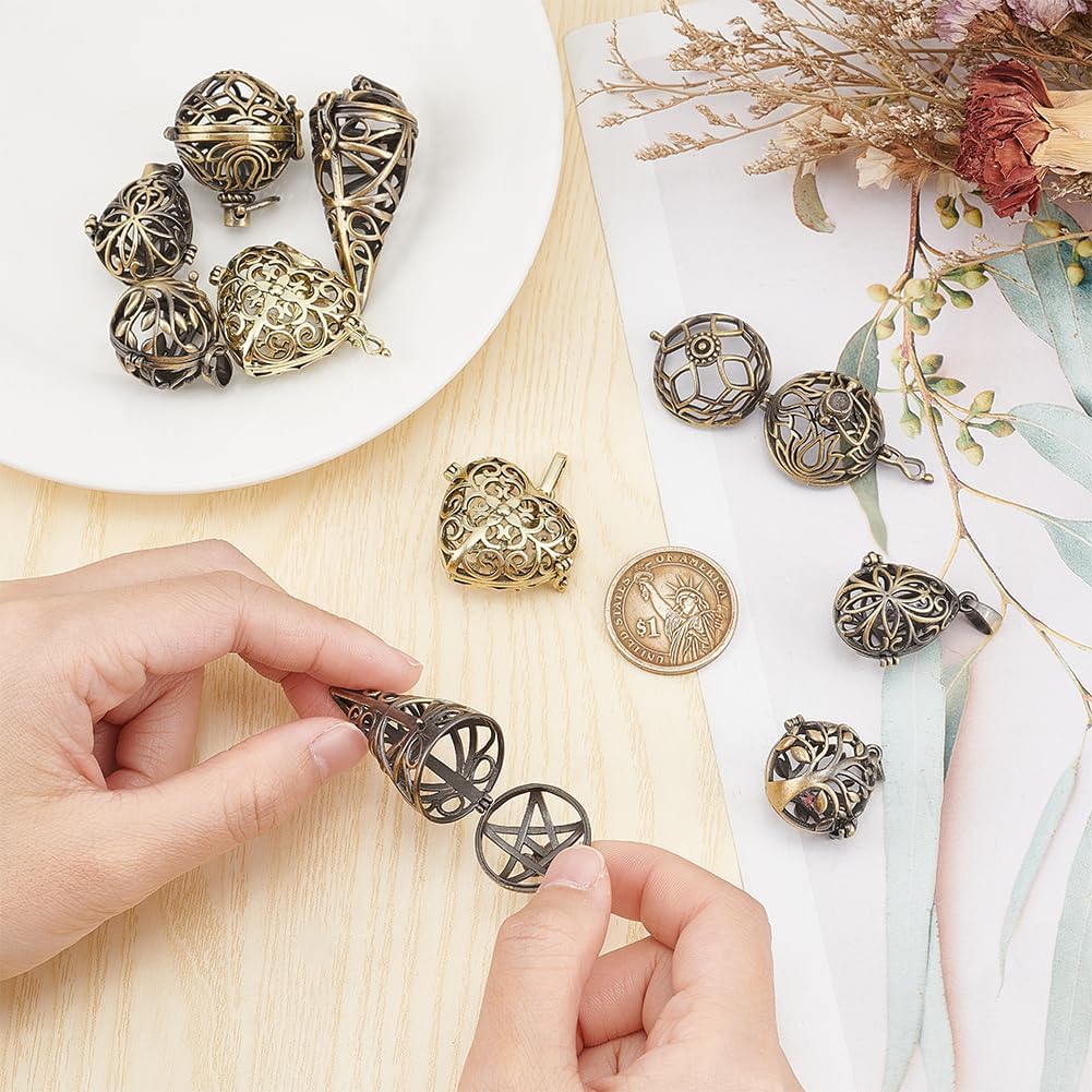 SUNNYCLUE 1 BOX 10PCS Bronze Locket Pendants Bulk Stone Holder Cage Brass Antique Hollow Diffuser Chime Ball Tree of Life Openable Charms for Jewelry Making Charms Women Diy Necklaces Crafts Supply