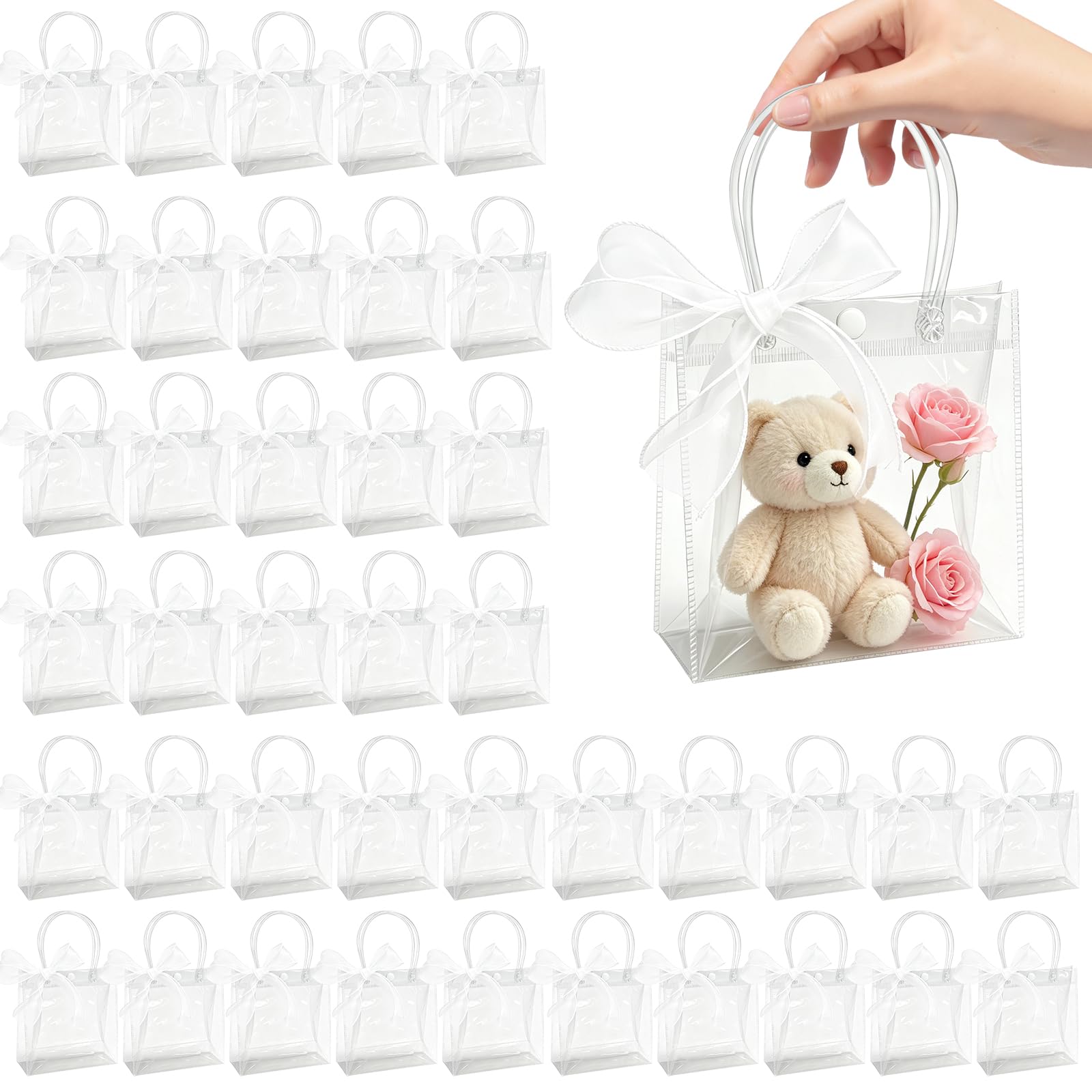 TaoQ C 40 PCS Transparent Party Favour Bags with Handles Clear Plastic Gift Bags Transparent PVC Goodie Bag for Birthdays Weddings Baby Showers Party Decorations