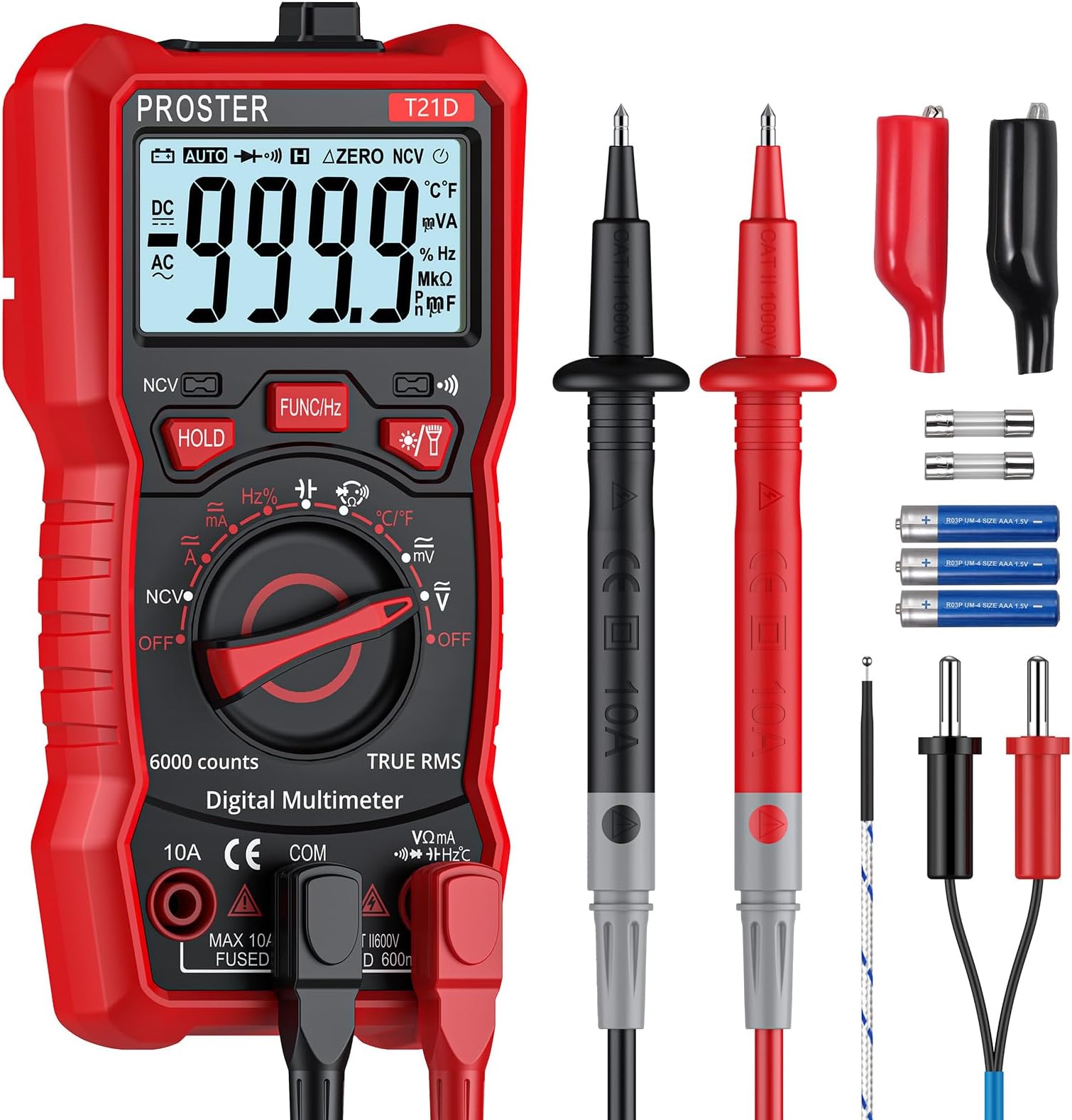 Proster TRMS 6000 Counts Auto Ranging Digital Multimeter – with 600V AC/DC Voltage 10A AC/DC Current NCV Multimeter with Temperature Probe, Backlight & Overload Protection for Electricians DIY