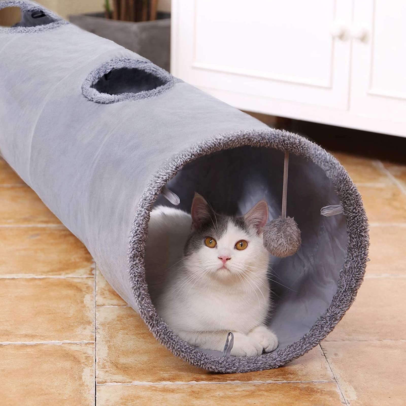 Zusammenklappbarer Katzentunnel Für Haustiere, Katzenspielzeug, Spieltunnel, Strapazierfähiges Wildleder, Versteckbarer Haustier-Crinkle-Tunnel Mit Ball