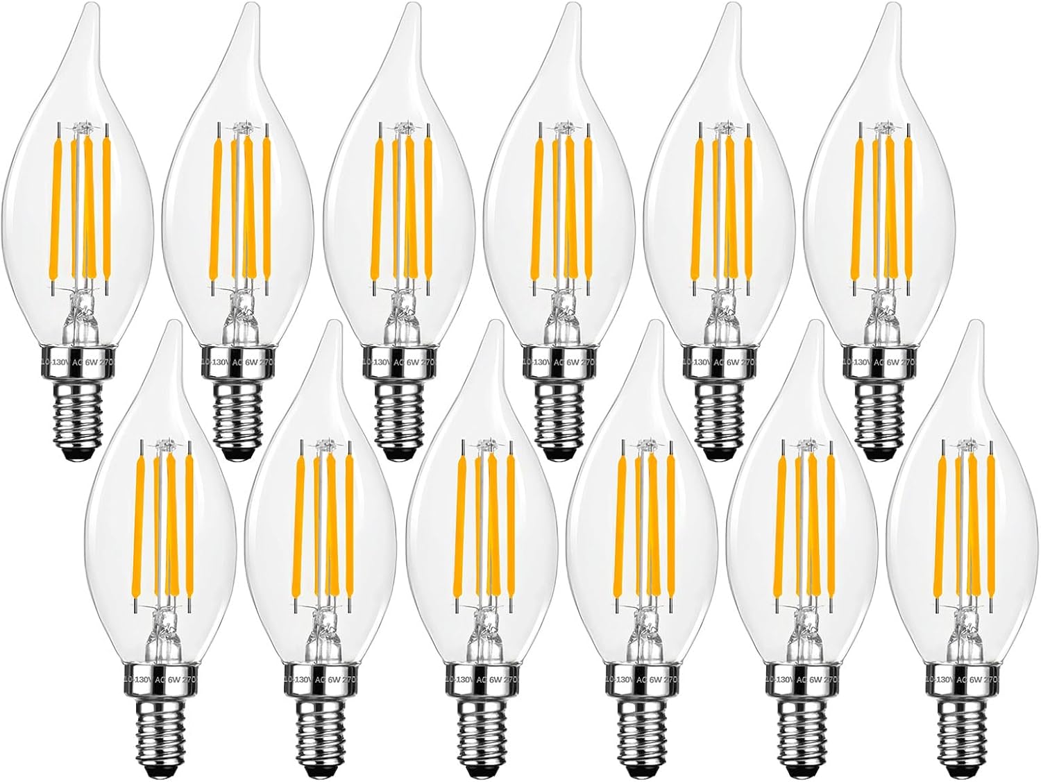 Brtstiun E12 Candelabra LED Light Bulbs Dimmable 60 Watt Equivalent, CA11 6W 2700K Soft Warm White Chandelier Candle Bulb, Small Base Decorative Flame Tip Clear Bulbs for Bedroom, Kitchen, 12 Pack
