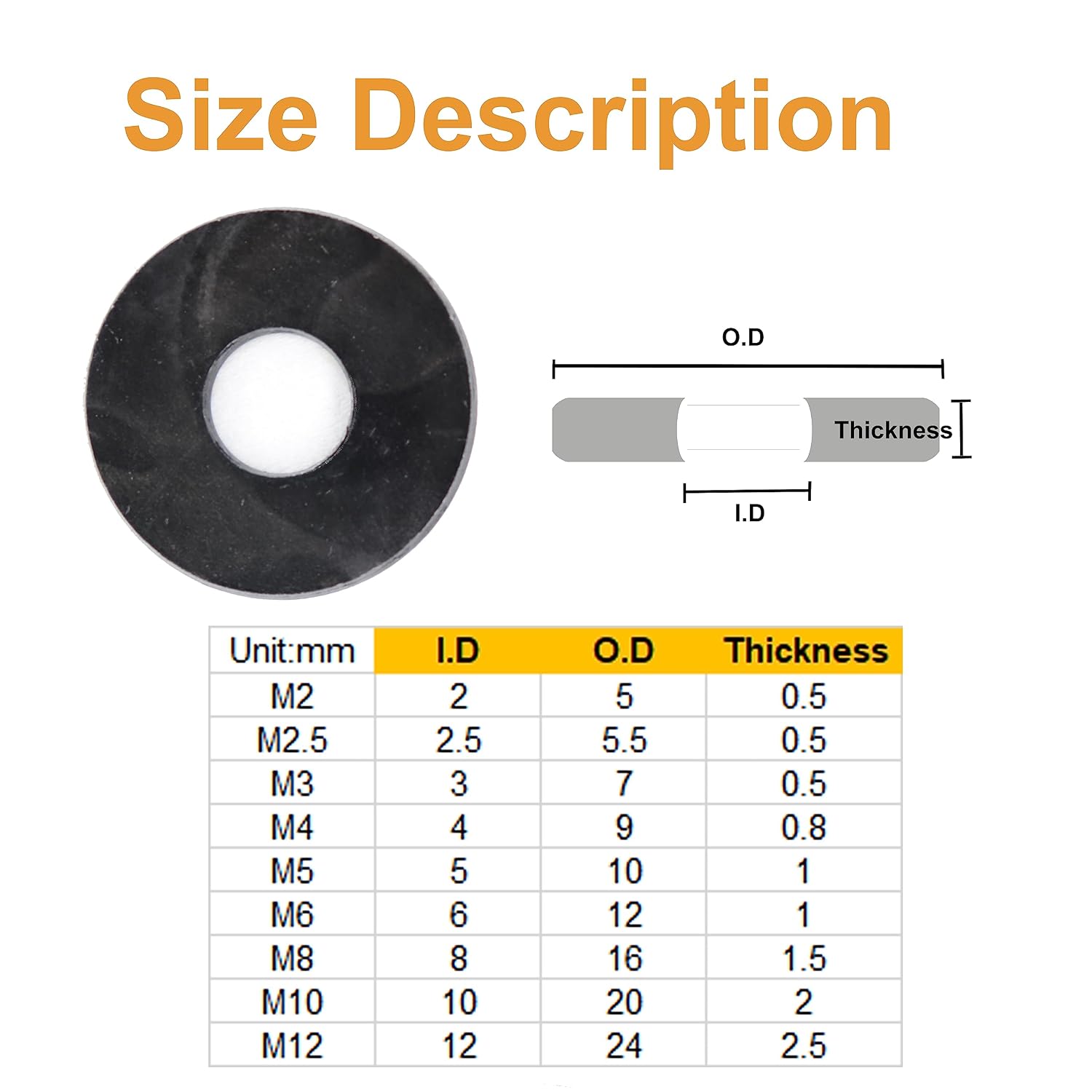 1000pcs Black Flat Washer Assortment Kit, M2 M2.5 M3 M4 M5 M6 M8 M10 M12