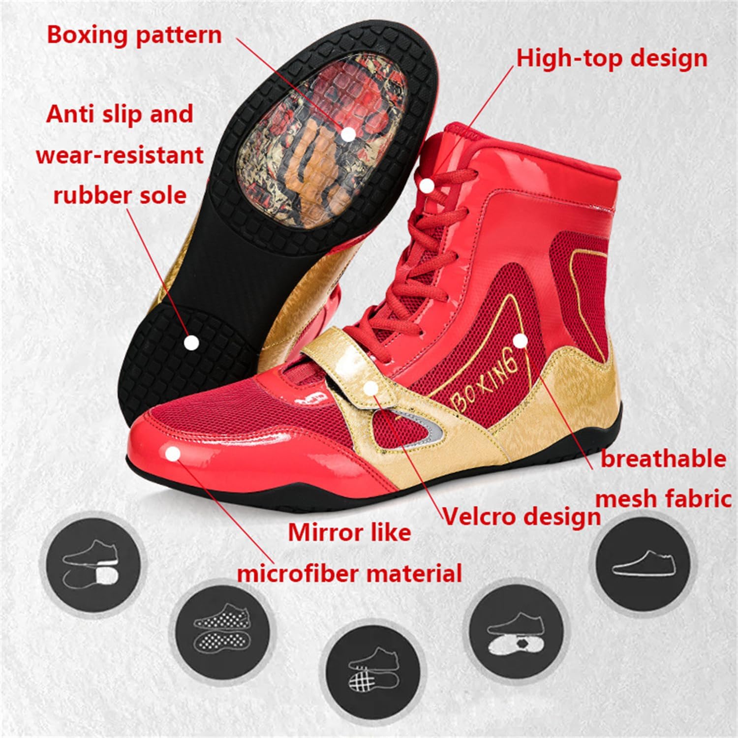 Gold Boxing Shoes for Men, Red Boxing Shoes Professional Wrestling Fighting Training Combat Boots High Top Fitness Sneakers
