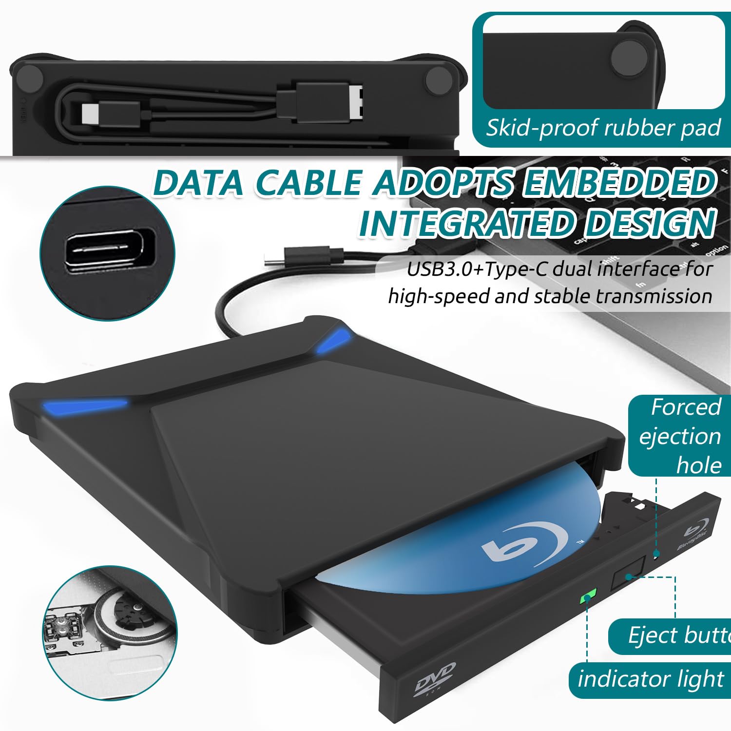 Magesh Lecteur Blu-Ray Externe, USB3.0 Type-C External Blu-Ray Drive, Slim Portable External Blu-Ray DVD Burner/Reader, for Laptop, Desktop, Windows 11/10/8