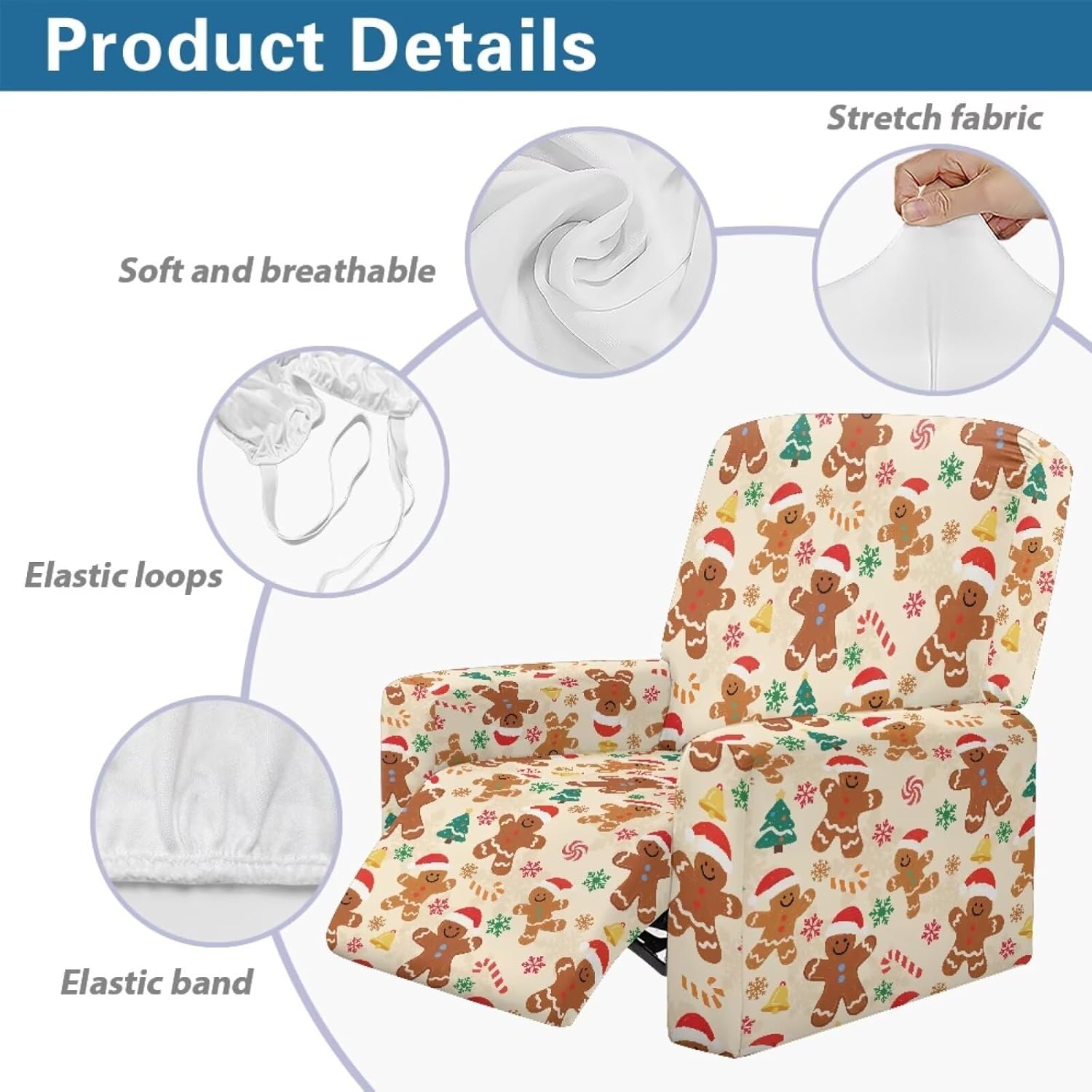 Gingerbread Man Couch Cover Recliner for Home Christmas Decorations for Home Portable Living Room Chair Covers with Arms and Cushion Fitted Non Slip Reclining Slipcovers for Pets Kids